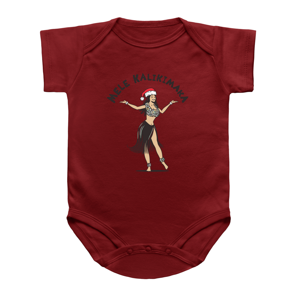 A red short-sleeve baby onesie featuring a graphic of a hula dancer with the text &