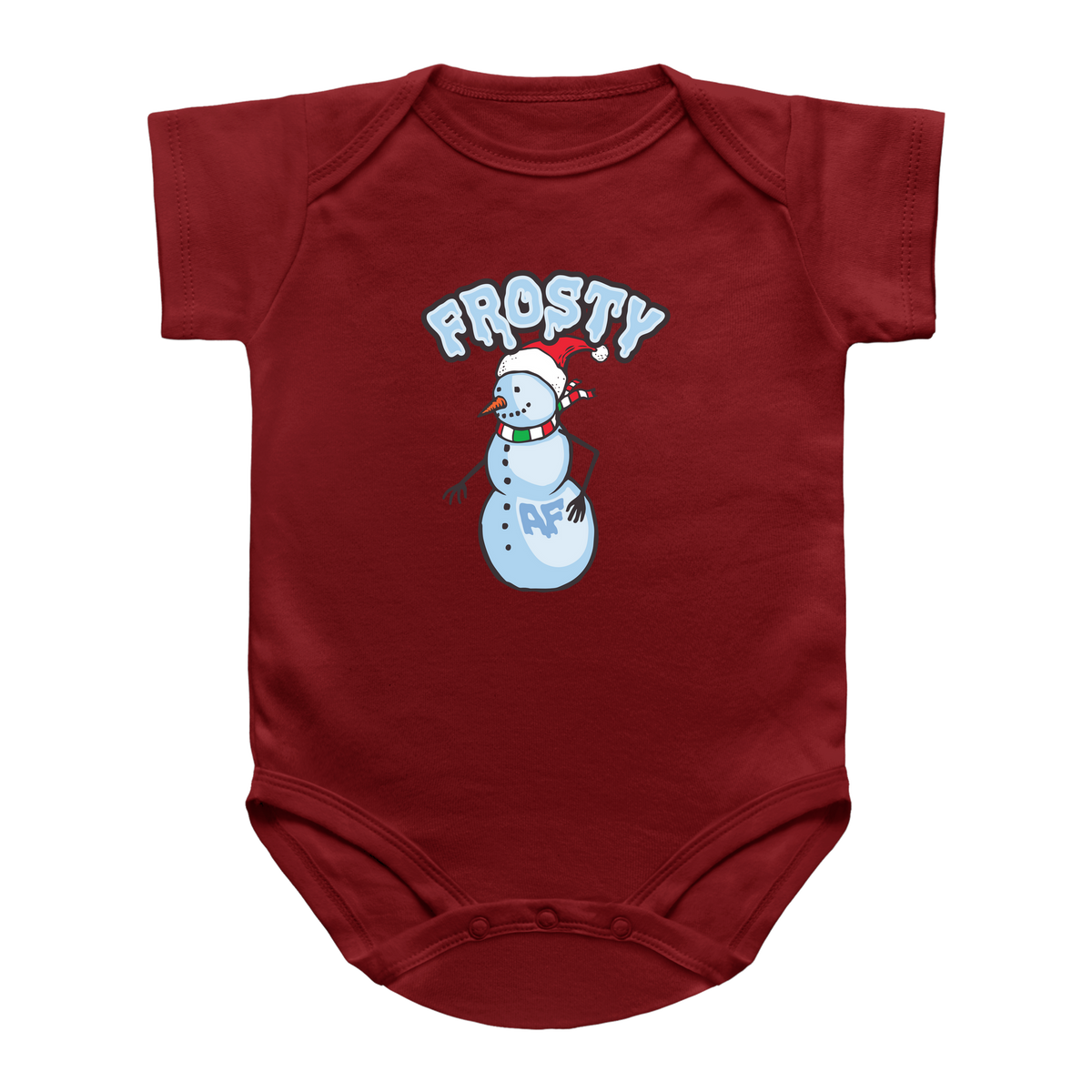 A red short-sleeve baby onesie featuring a snowman Santa, and the phrase &