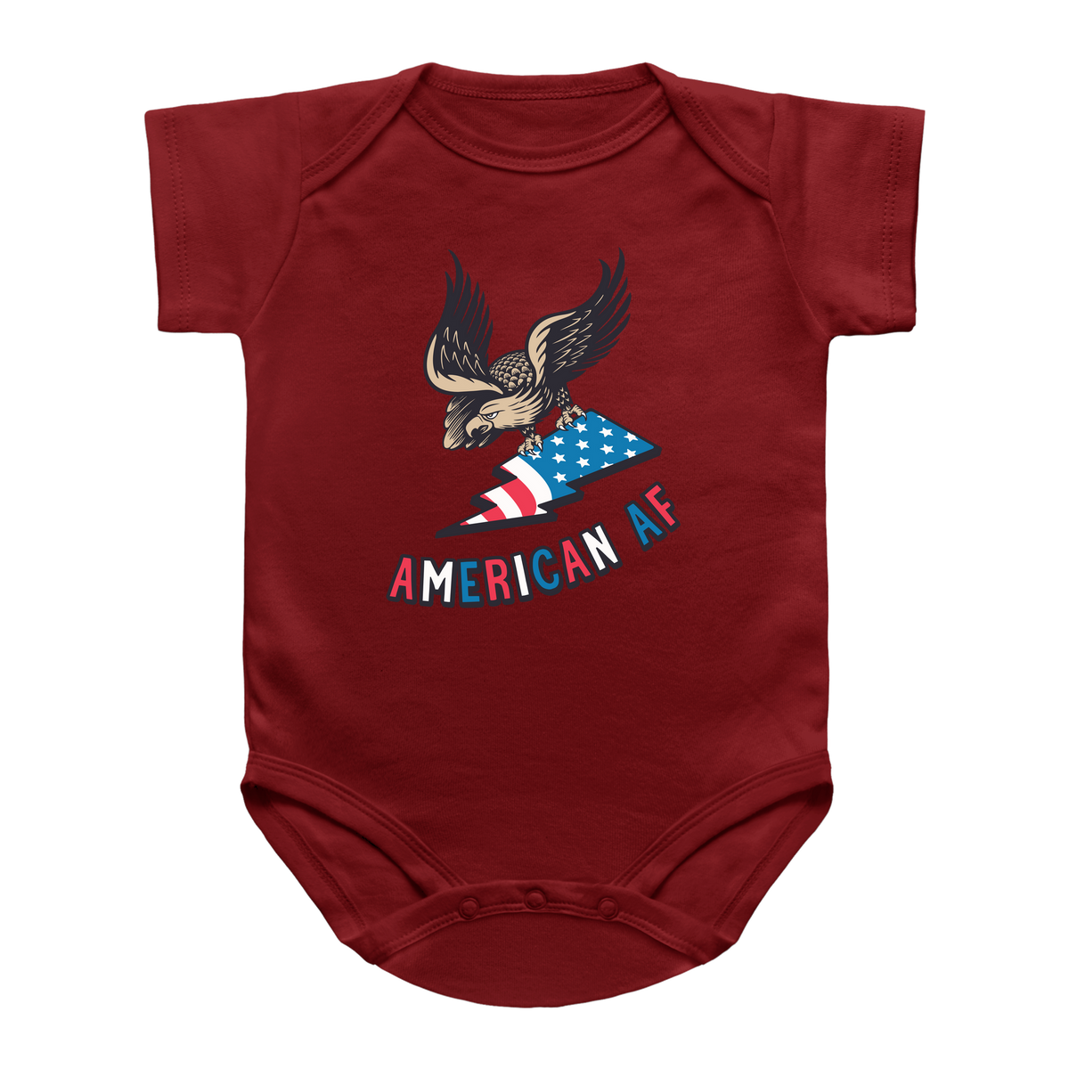 A red short-sleeve infant onesie for 4th of July featuring a graphic of an eagle holding an American flag with the text &
