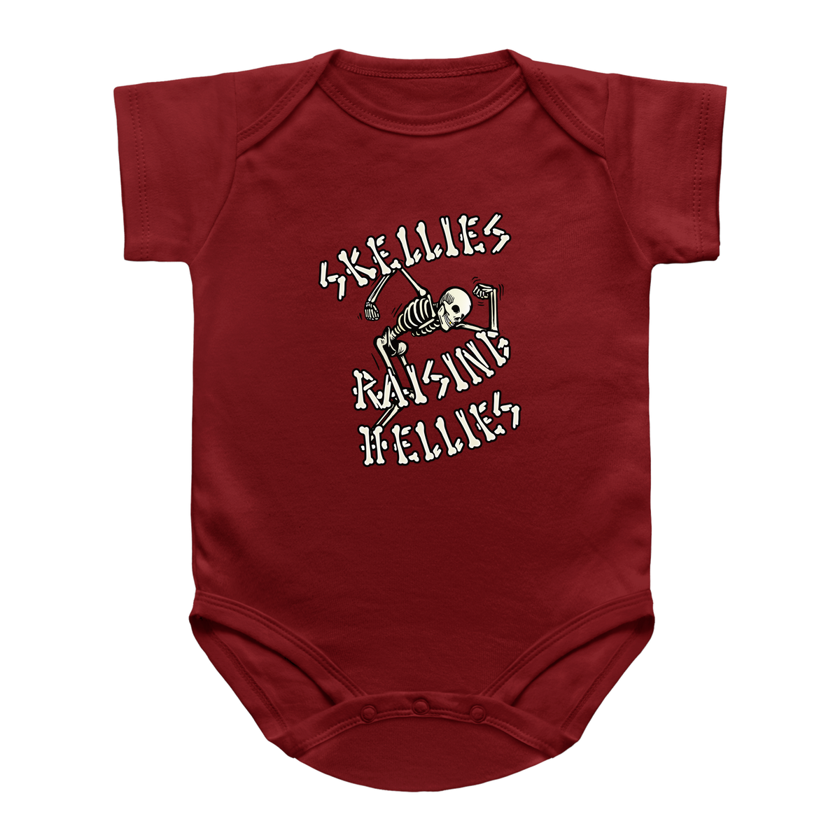 A red short-sleeve infant onesie with a graphic print on the chest featuring a skeleton and the text &