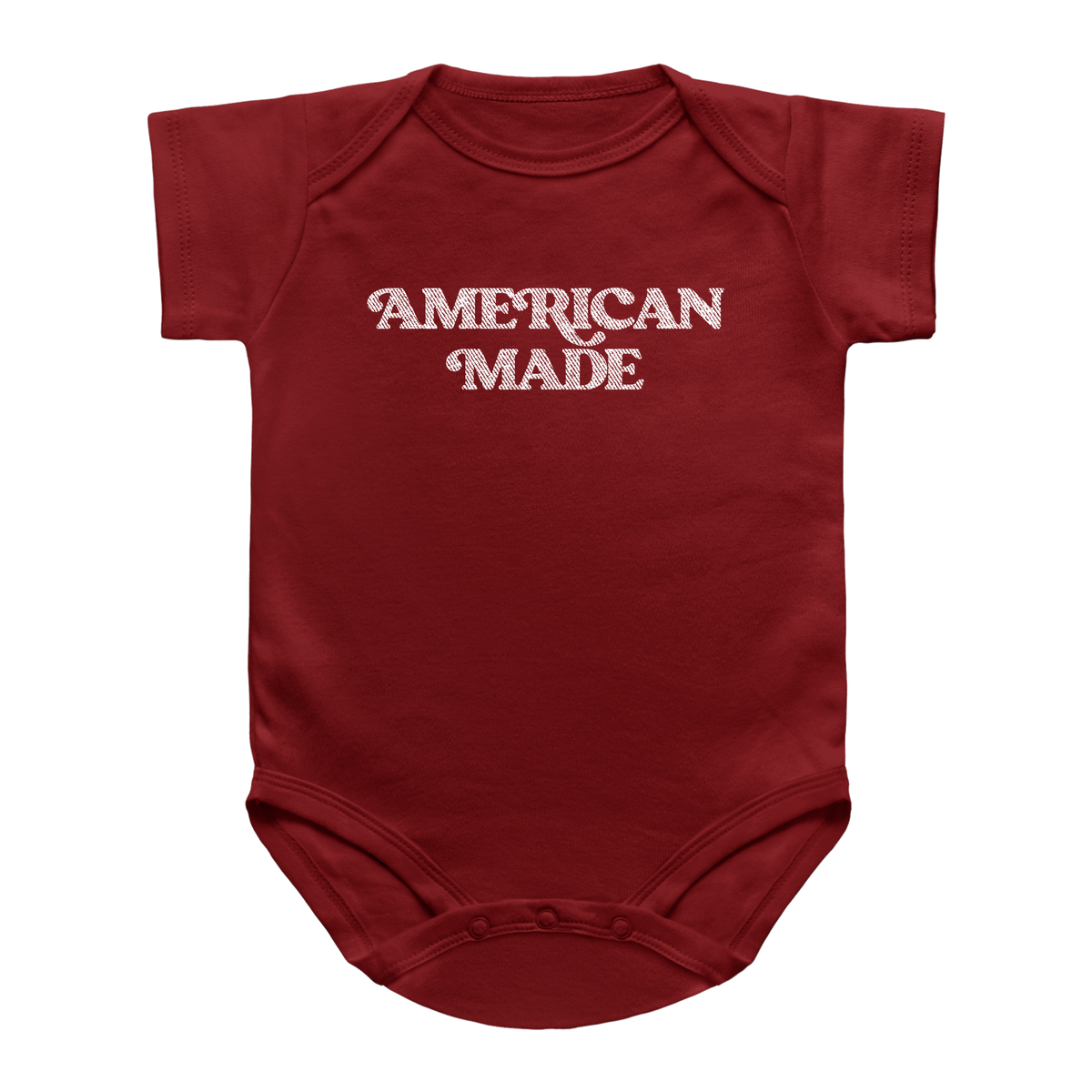 A red short-sleeve infant onesie with &