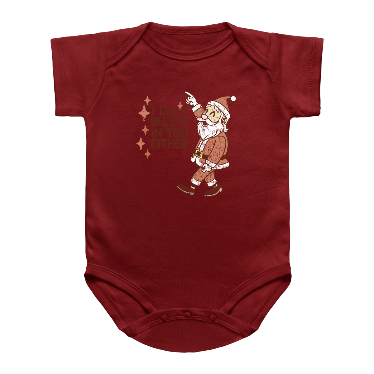 A red infant onesie featuring a graphic of a Santa Claus pointing upwards next to the text &