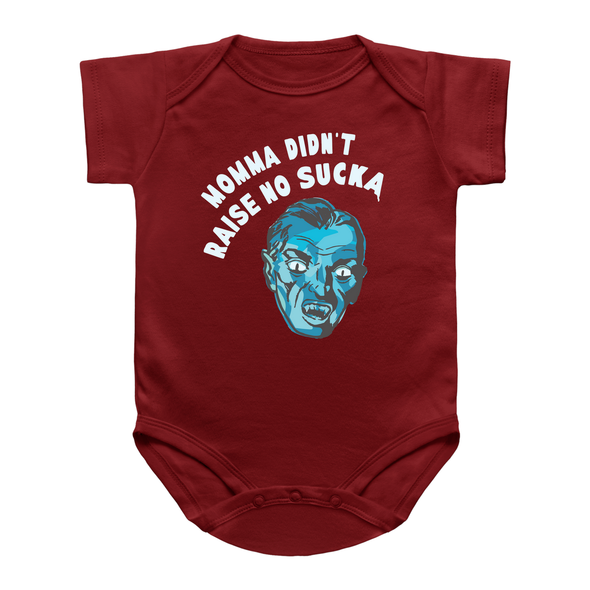A red short-sleeve infant onesie featuring a graphic of a Halloween vampire that reads &