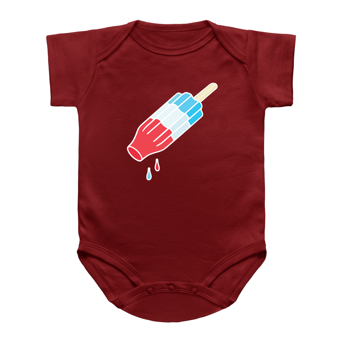 A red short-sleeve infant onesie featuring a graphic of a rocket pop with red, white, and blue stripes. Meant for the 4th of July summer.