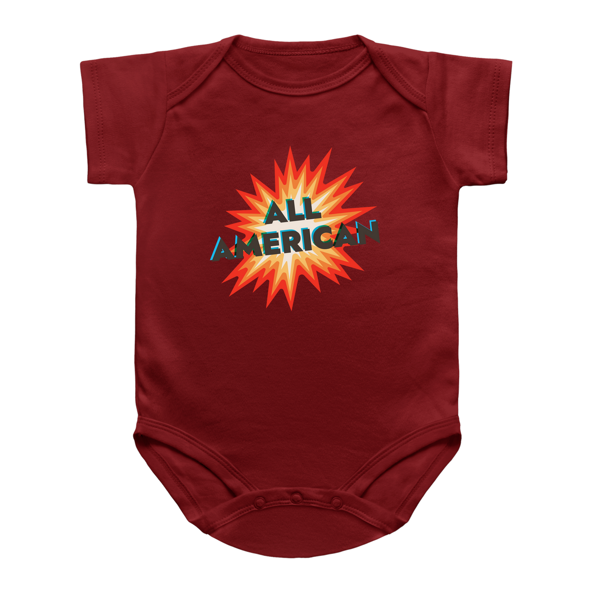 A fourth of july red short-sleeve infant onesie featuring a graphic print on the chest with a red, orange, and yellow firecracker design and the text &