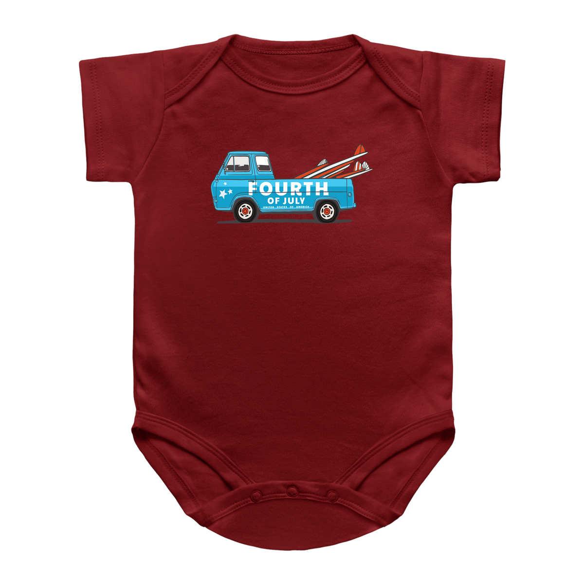 A red short-sleeve infant onesie featuring a graphic of a blue surf truck carrying red and white surfboards with the text 4th of July on the chest for USA.