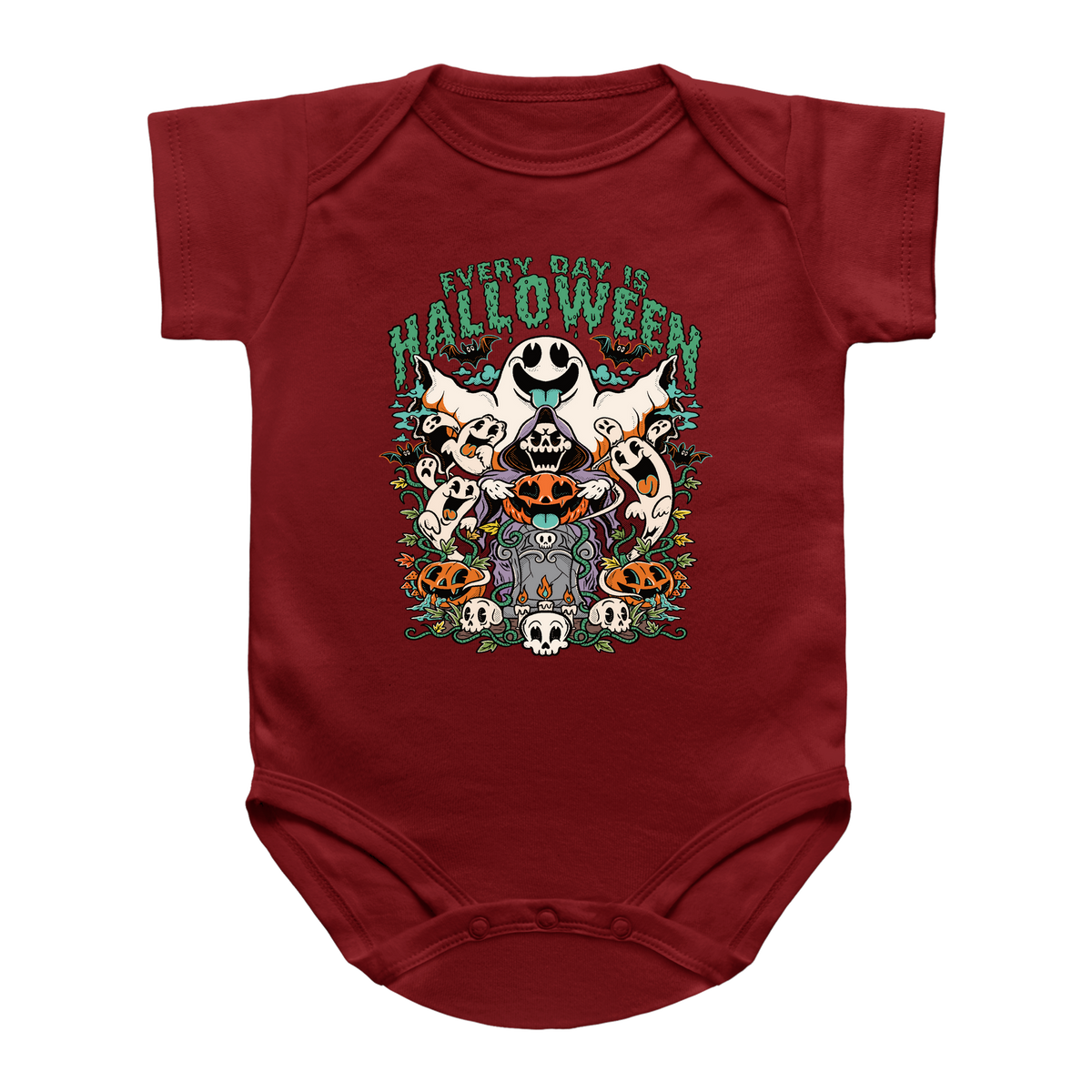 A red short-sleeve infant onesie featuring a colorful Halloween graphic on the chest with the text &