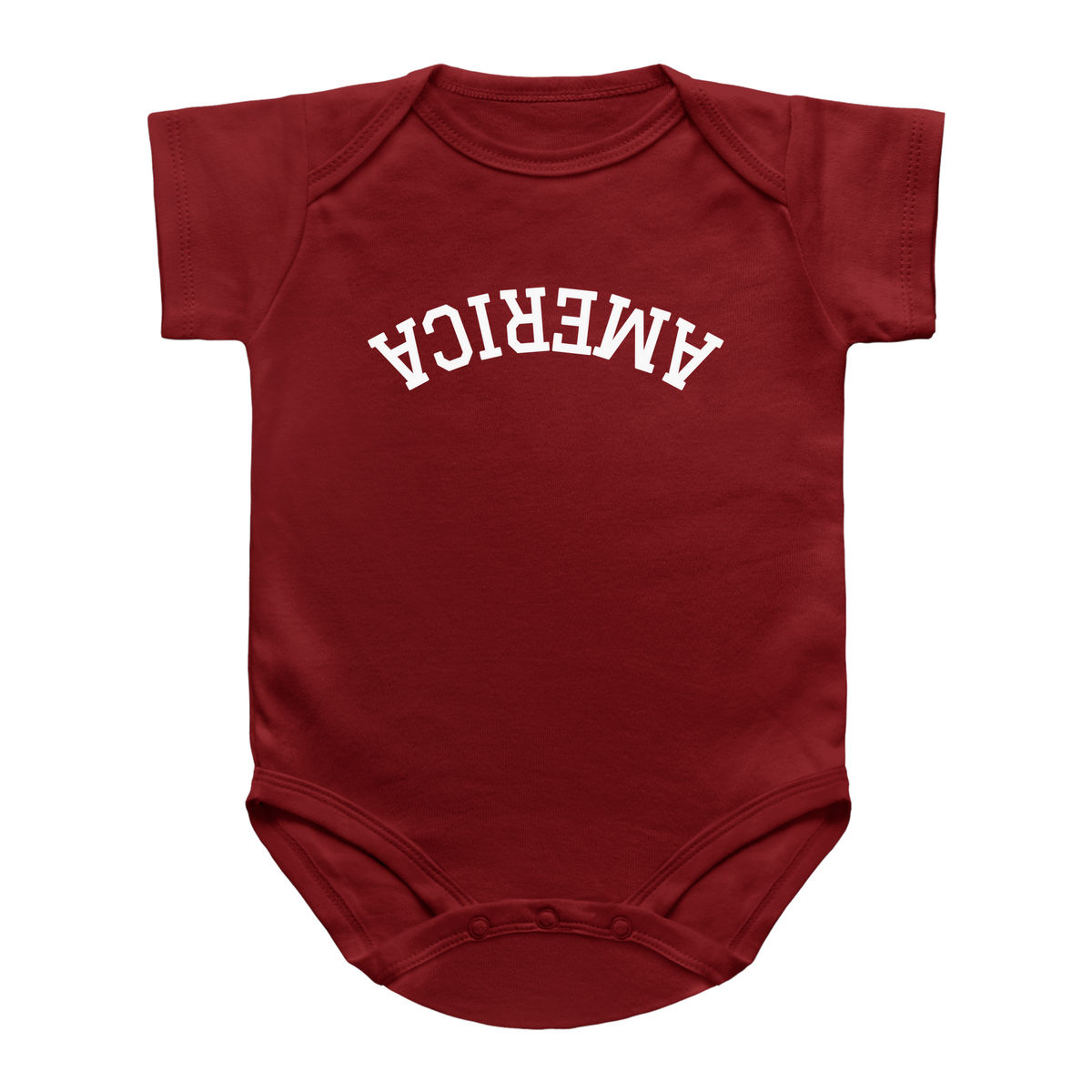 A short-sleeve baby bodysuit for 4th of July in dark red with the word &