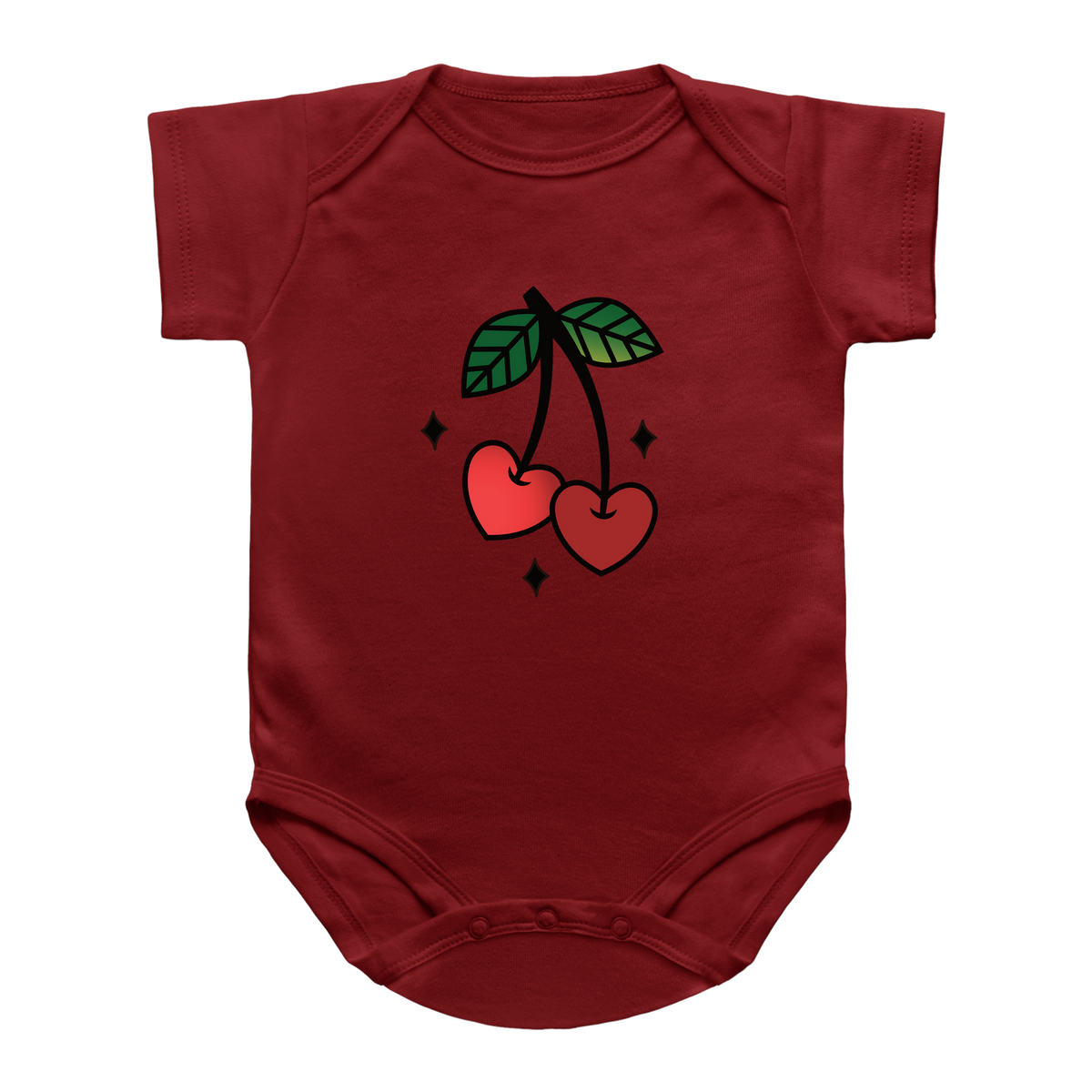 A short-sleeve baby Valentine onesie in dark red, featuring a graphic of two red cherries with green leaves and stems on the chest.