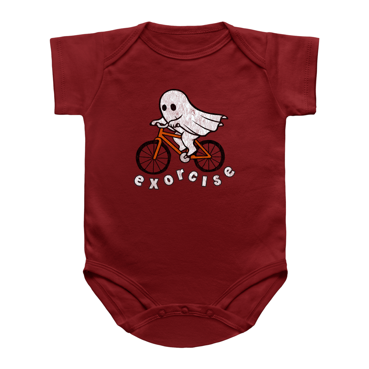 A red short-sleeve infant onesie featuring a cartoon ghost riding a bicycle with the word &
