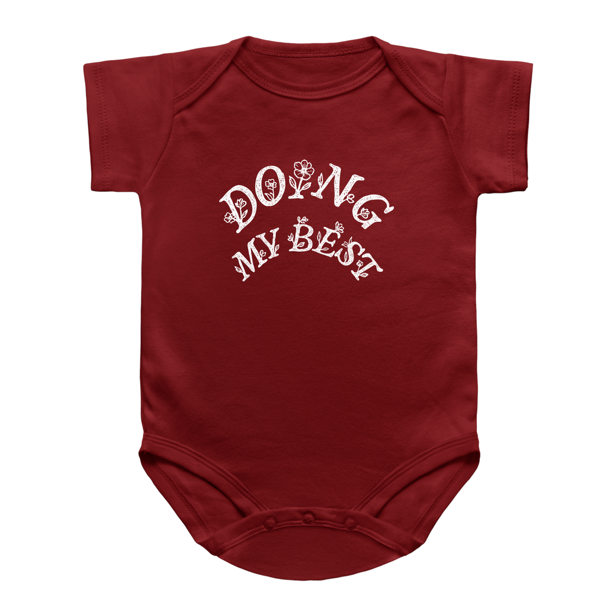 A red short-sleeve baby onesie with &