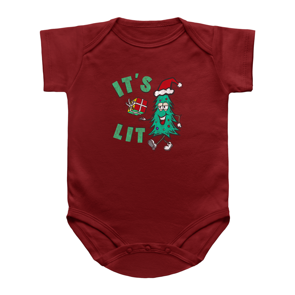 A red Christmas short-sleeve baby bodysuit featuring a festive graphic on the chest with the text &