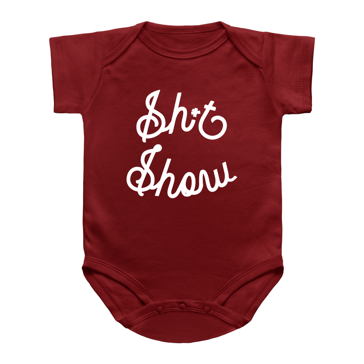 A red short-sleeve infant bodysuit with the phrase &