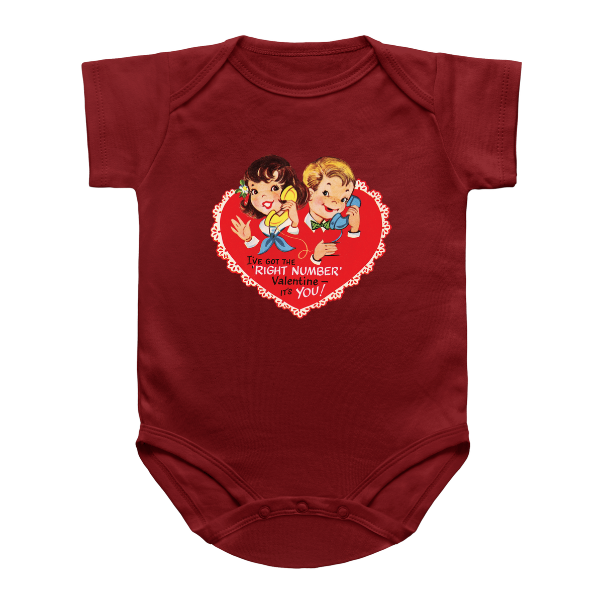 A red baby onesie Valentine featuring a retro-style red heart graphic on the chest with cartoon characters and the text &