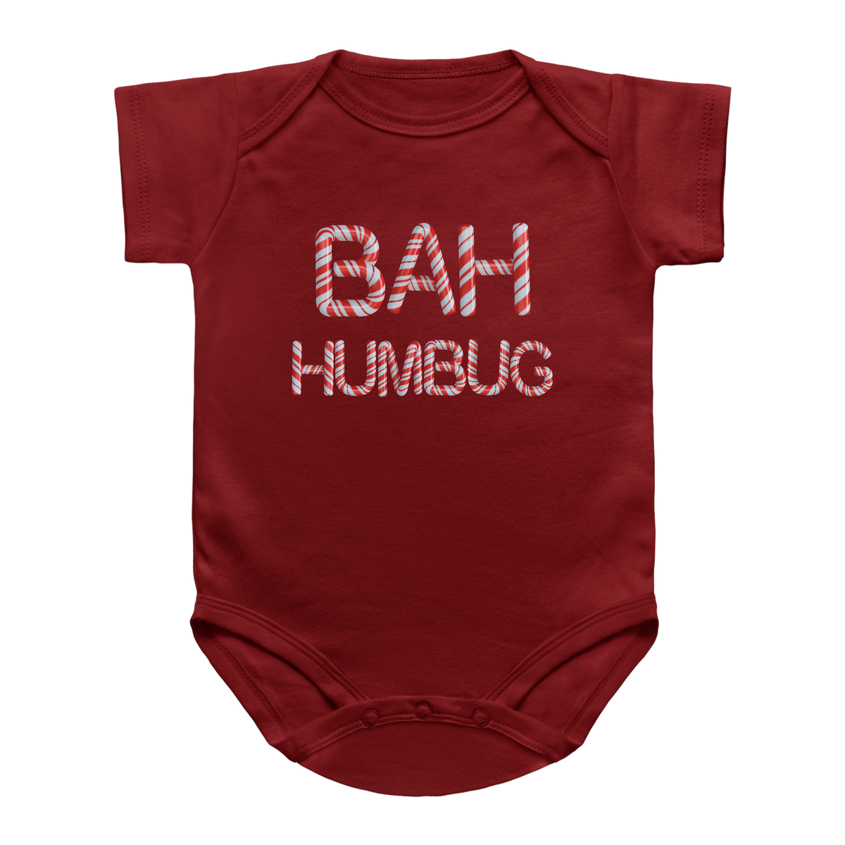 A short-sleeve Christmas infant bodysuit in dark red, featuring the text &