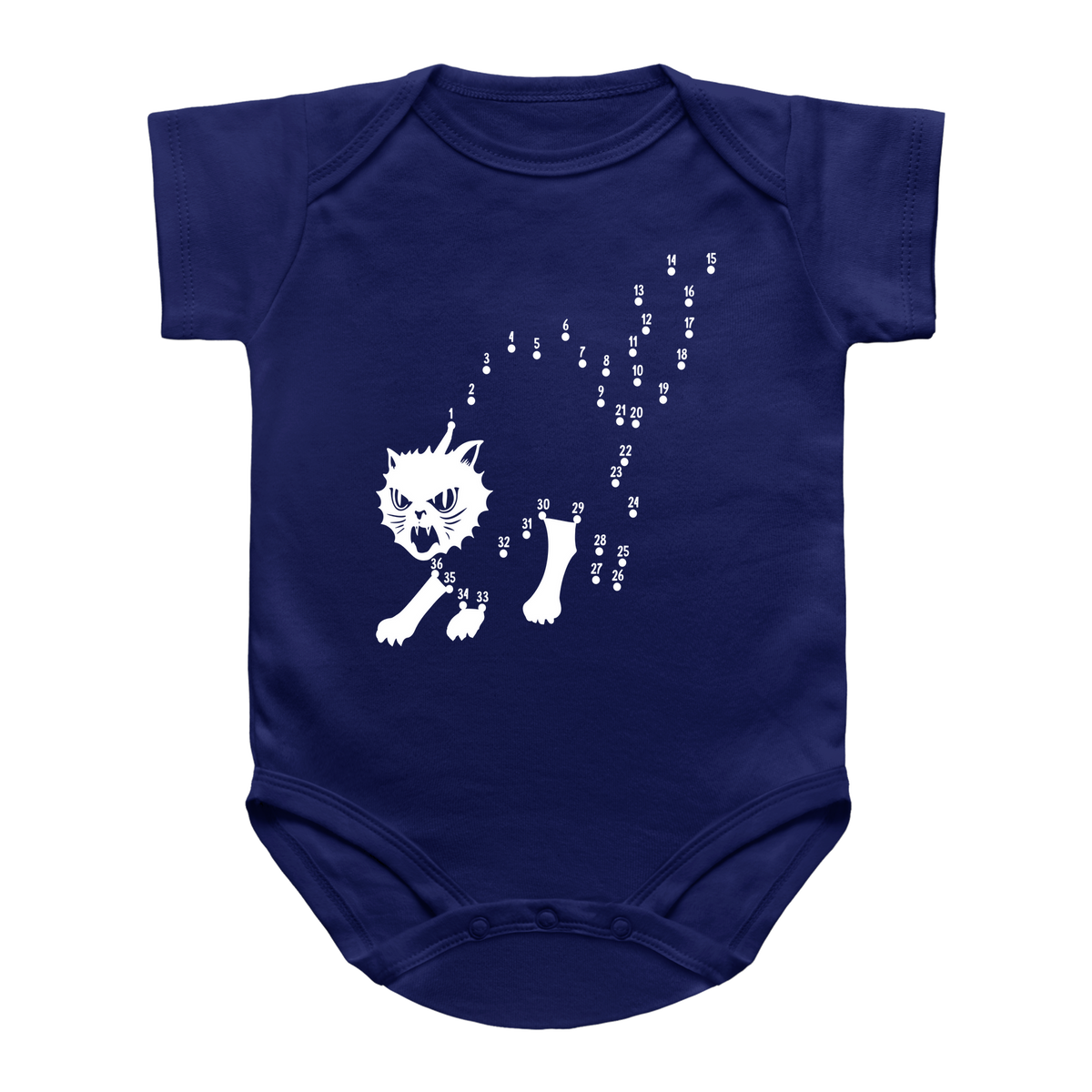 A navy blue short-sleeve Halloween infant bodysuit with a white graphic of a cat and paw prints on the front, displayed against a solid white background.