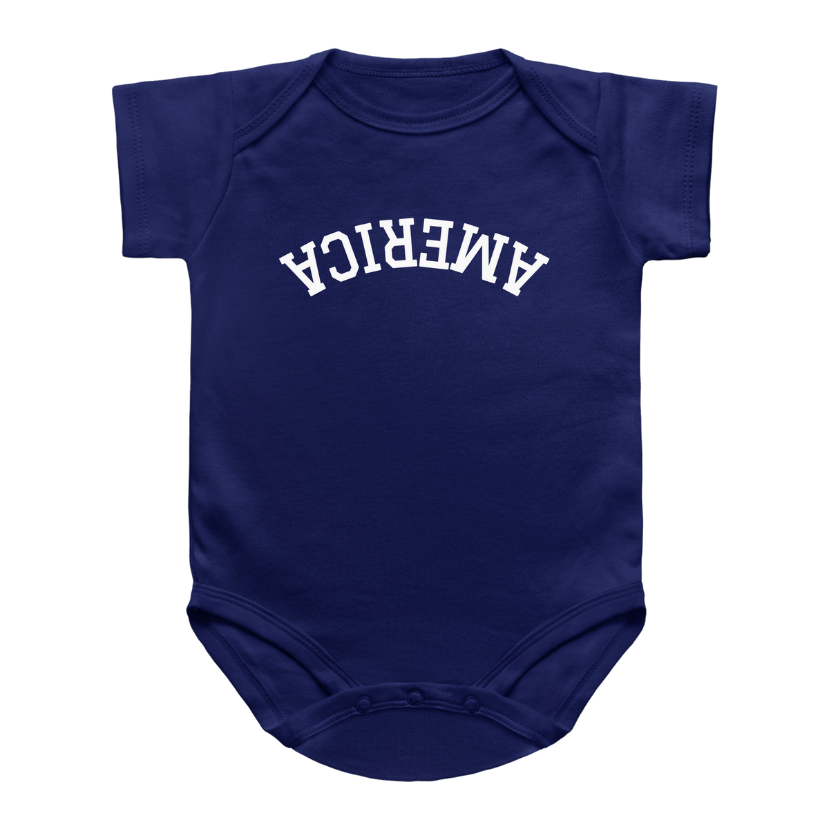 A short-sleeve baby onesie for 4th of July in dark blue with the word &