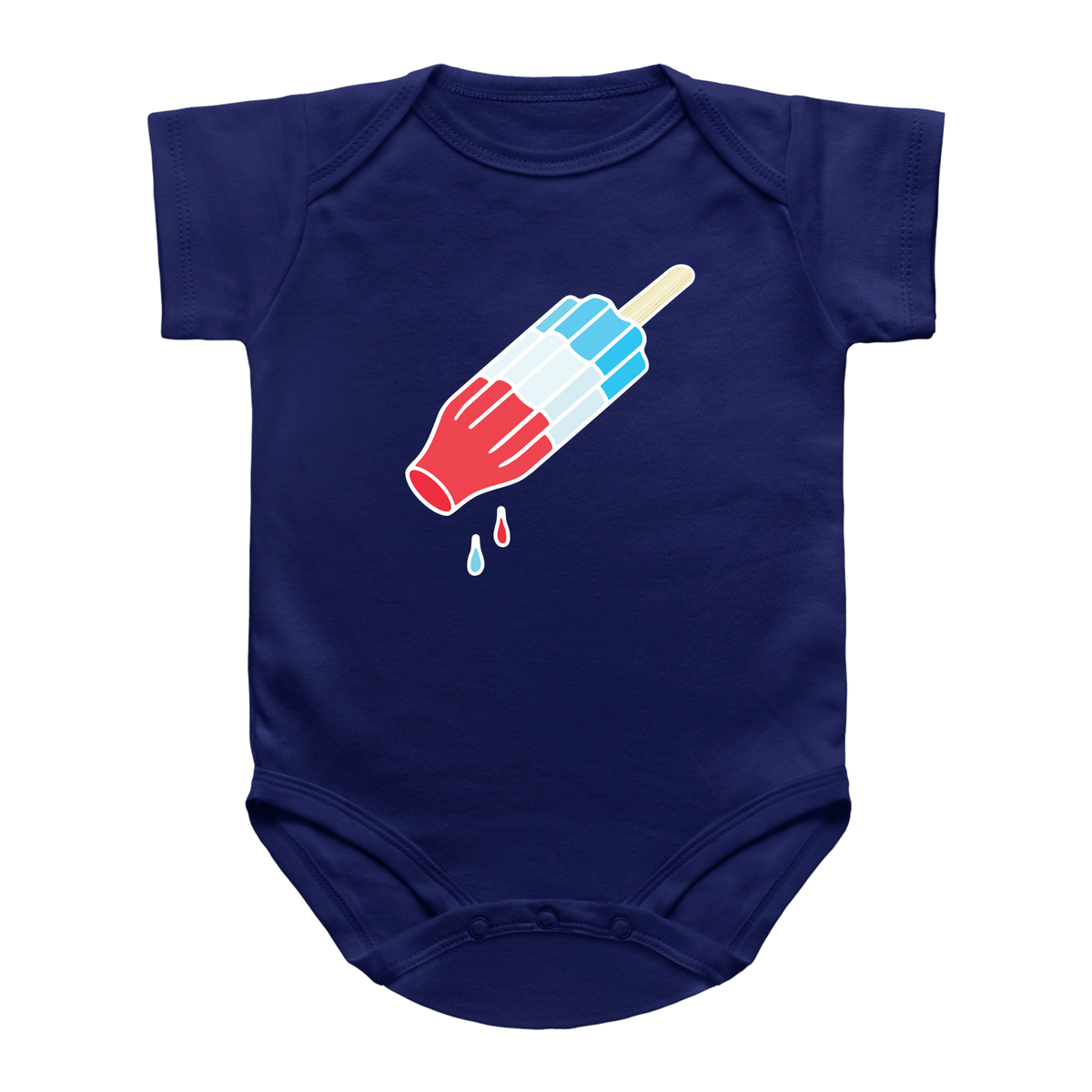 A navy blue short-sleeve baby onesie featuring a graphic of a rocket pop with red, white, and blue stripes. Meant for the 4th of July summer.