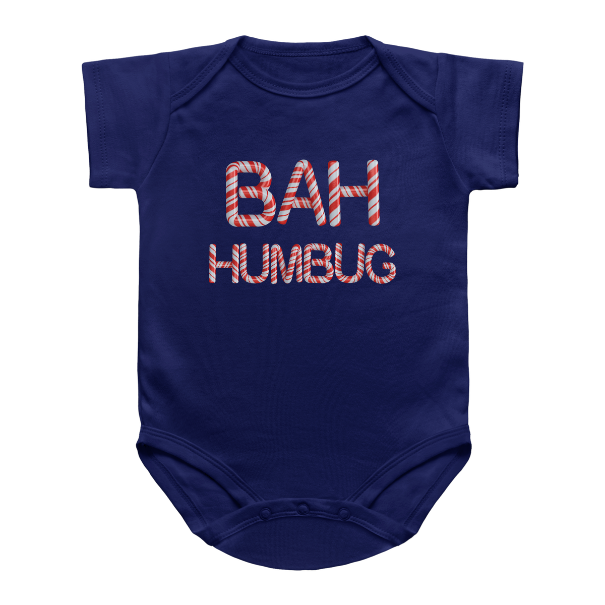A blue short-sleeve infant bodysuit with &