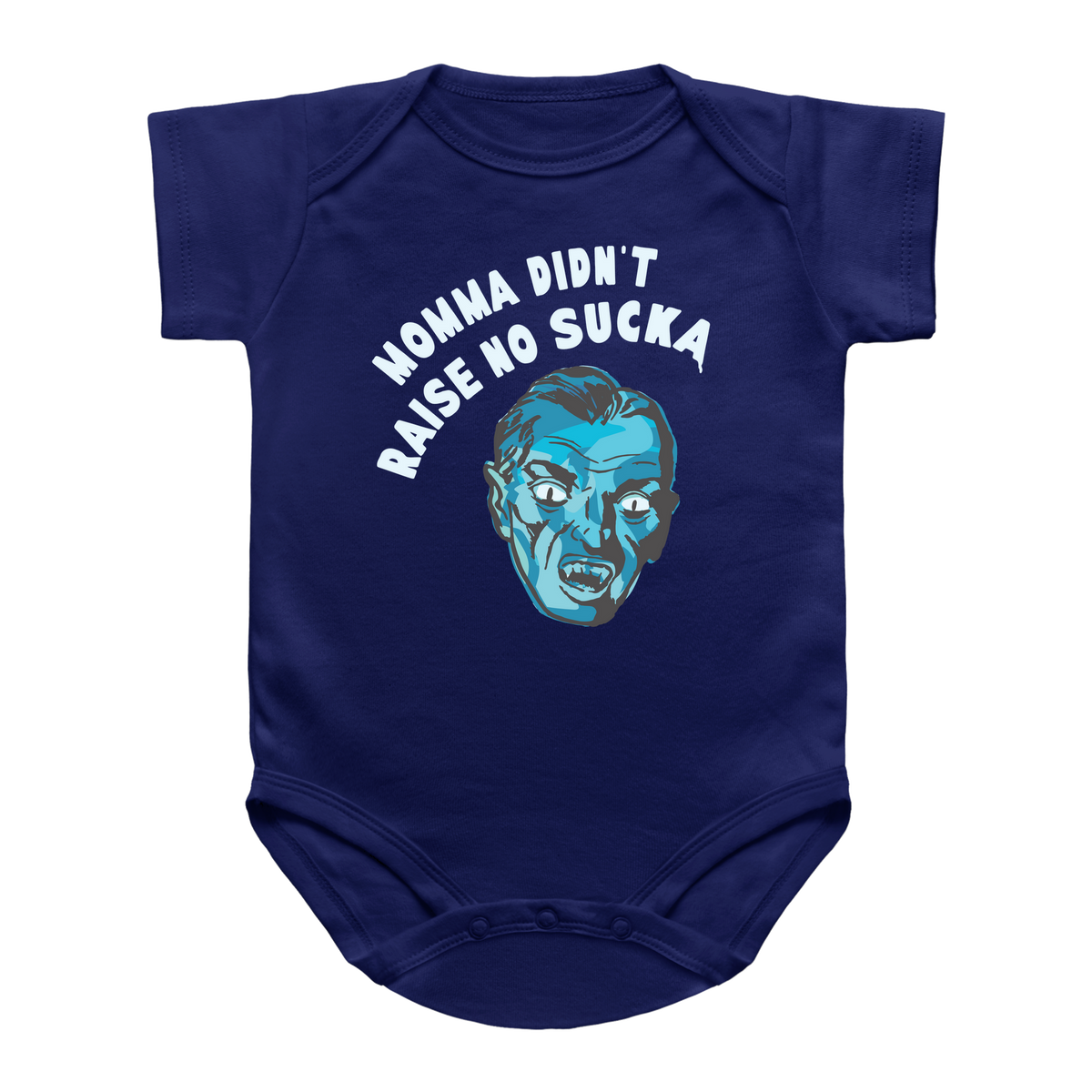A navy blue short-sleeve baby bodysuit featuring a graphic of a Halloween vampire that reads &