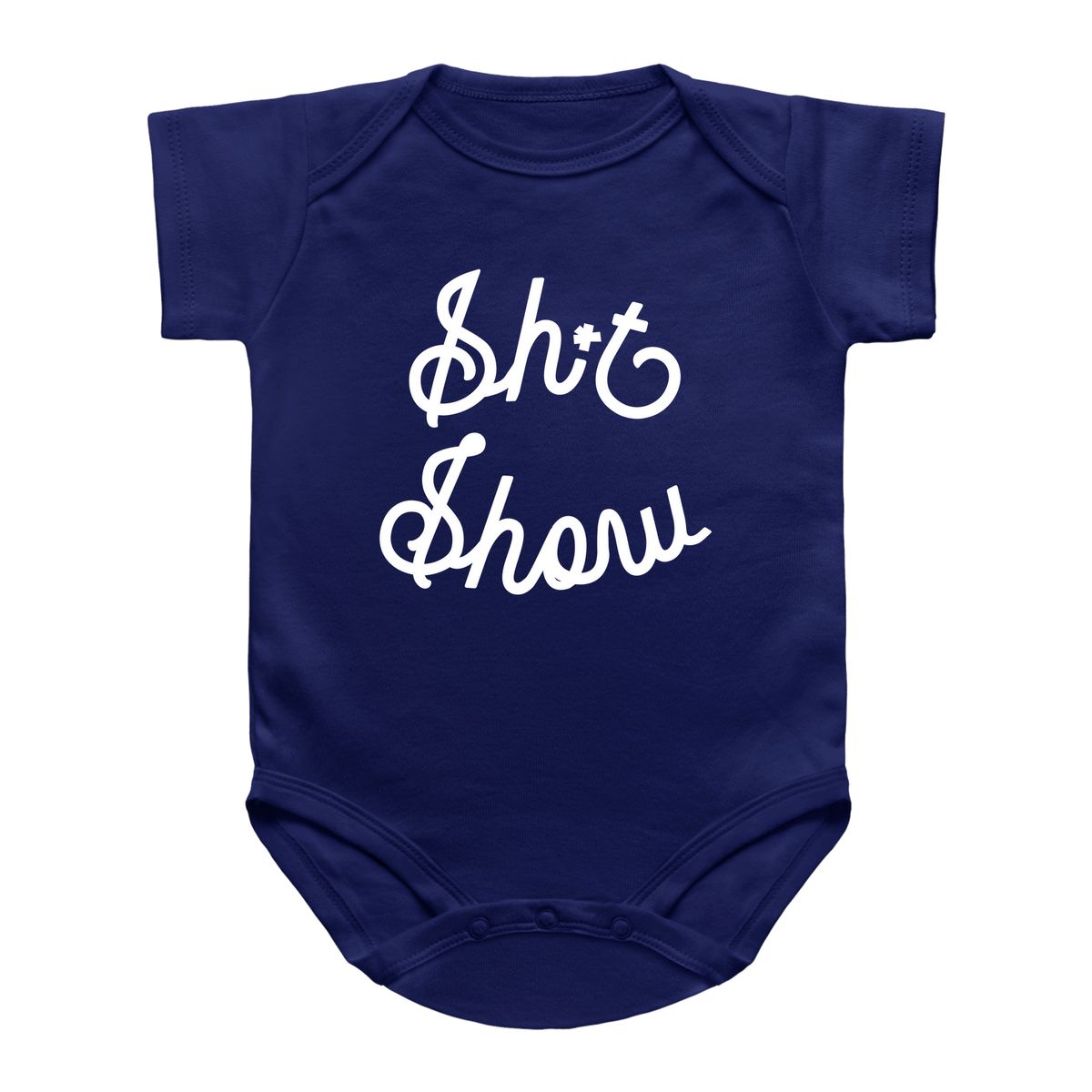 A navy blue baby bodysuit with short sleeves and a white cursive graphic text reading &