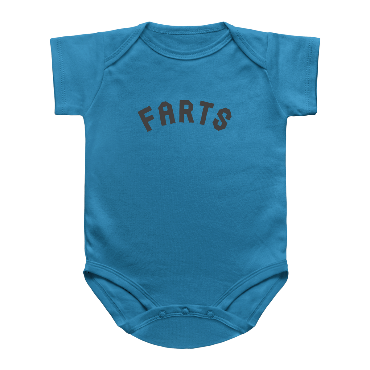 A bright blue infant onesie with the word &