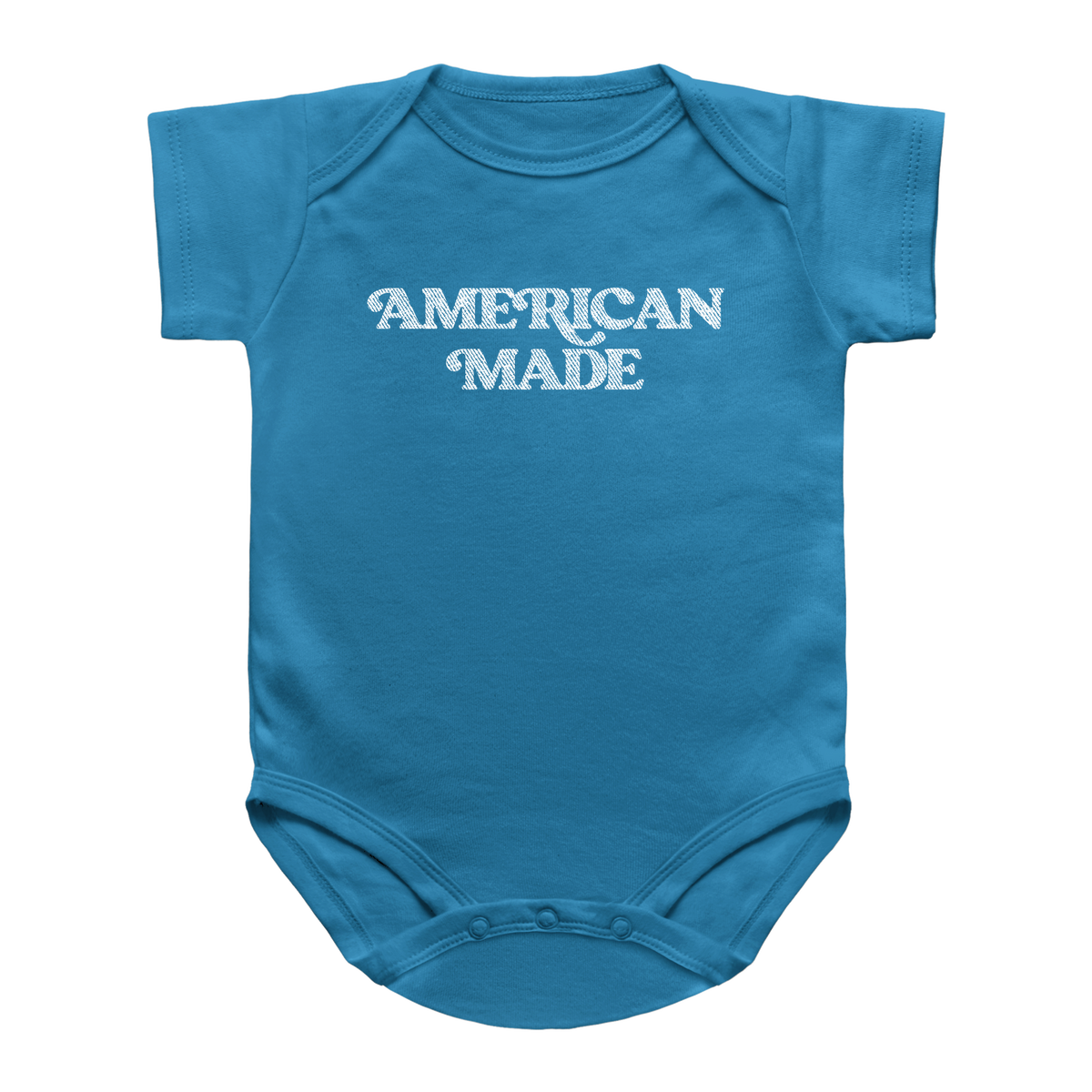 A blue short-sleeve baby bodysuit with &