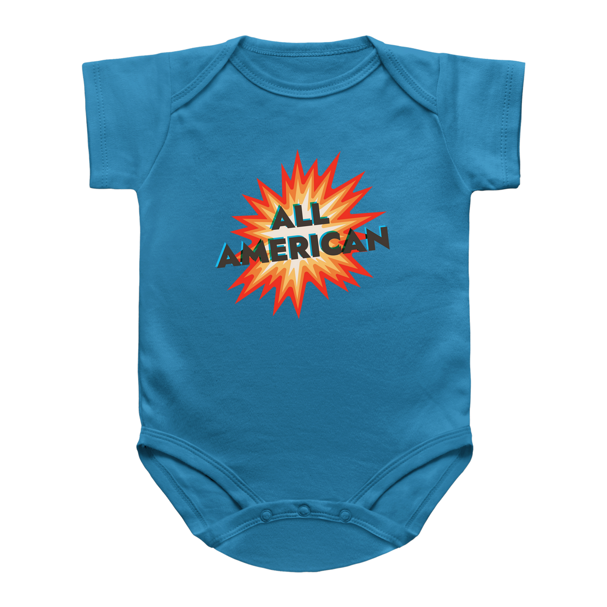 A Fourth of July blue short-sleeve baby bodysuit featuring a graphic print on the chest with a red, orange, and yellow firecracker design and the text &