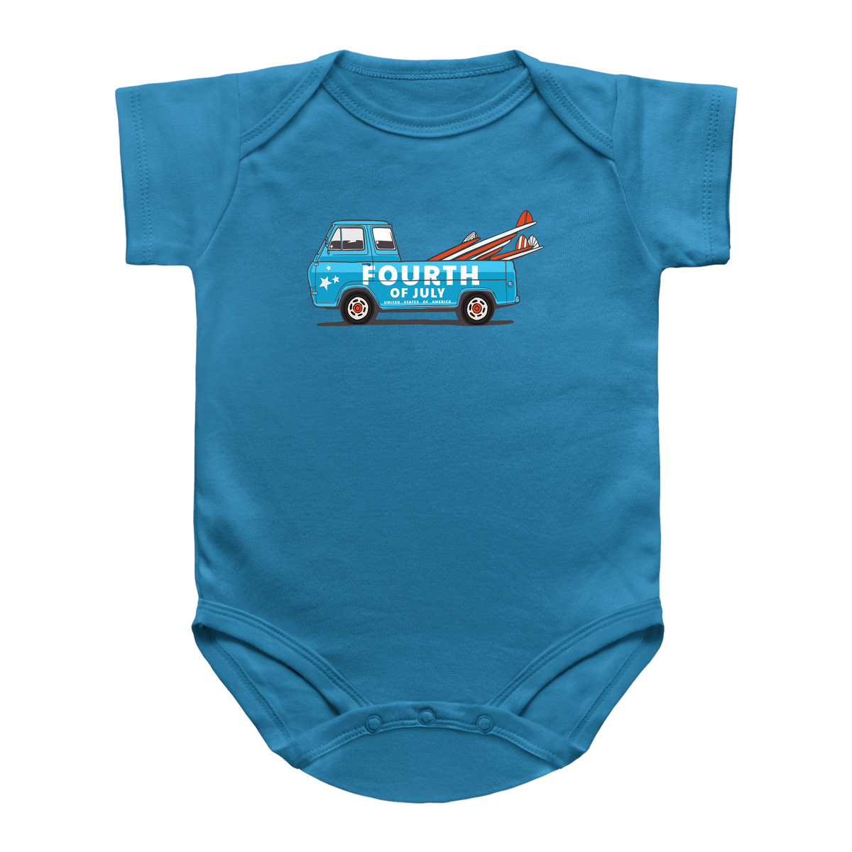 A turquoise short-sleeve infant onesie featuring a graphic of a blue surf truck carrying red and white surfboards with the text &