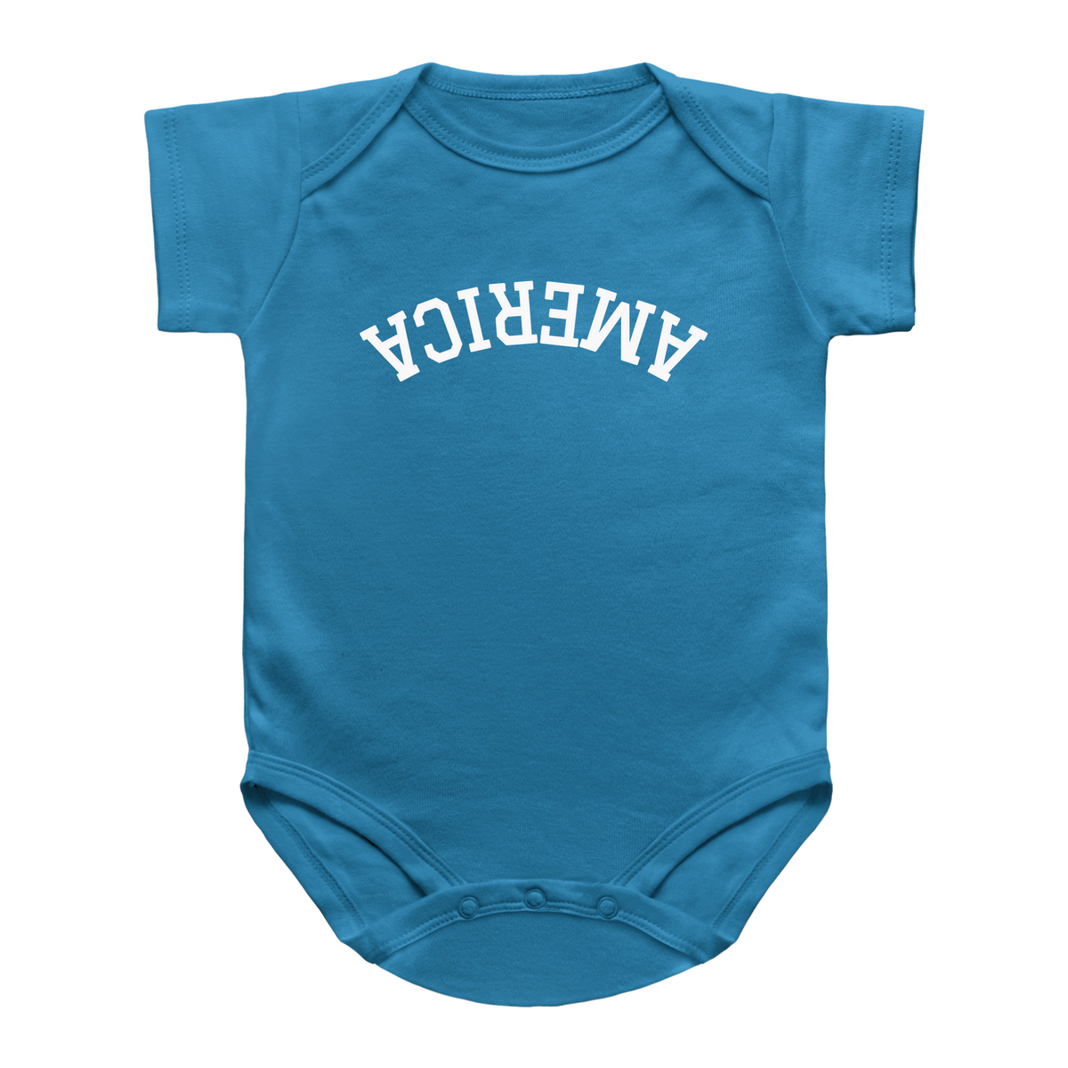 A short-sleeve infant onesie for 4th of July in turquoise with the word &
