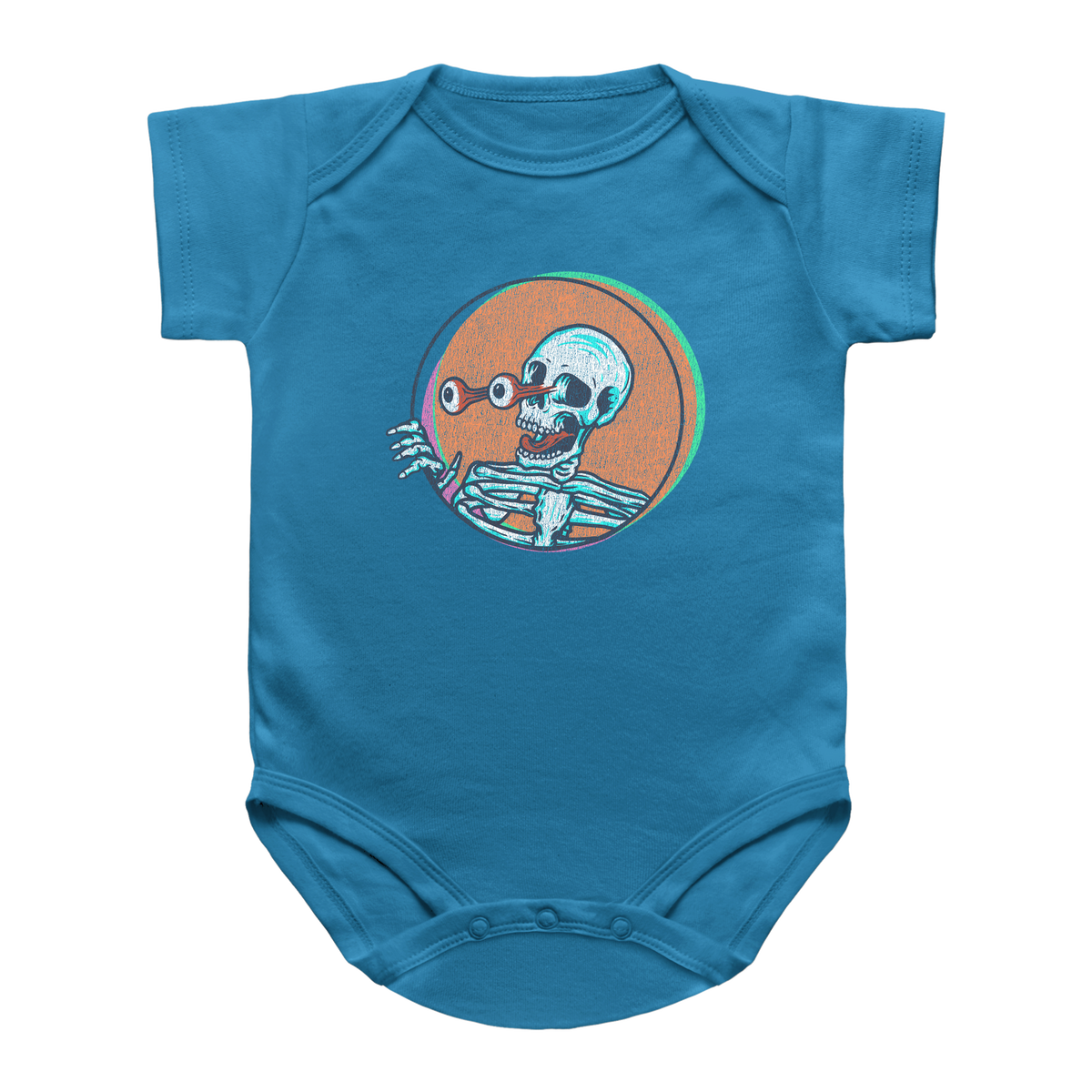 A blue short-sleeve baby bodysuit featuring a cartoon skeleton graphic inside an orange circle on the chest, shown against a plain white background.