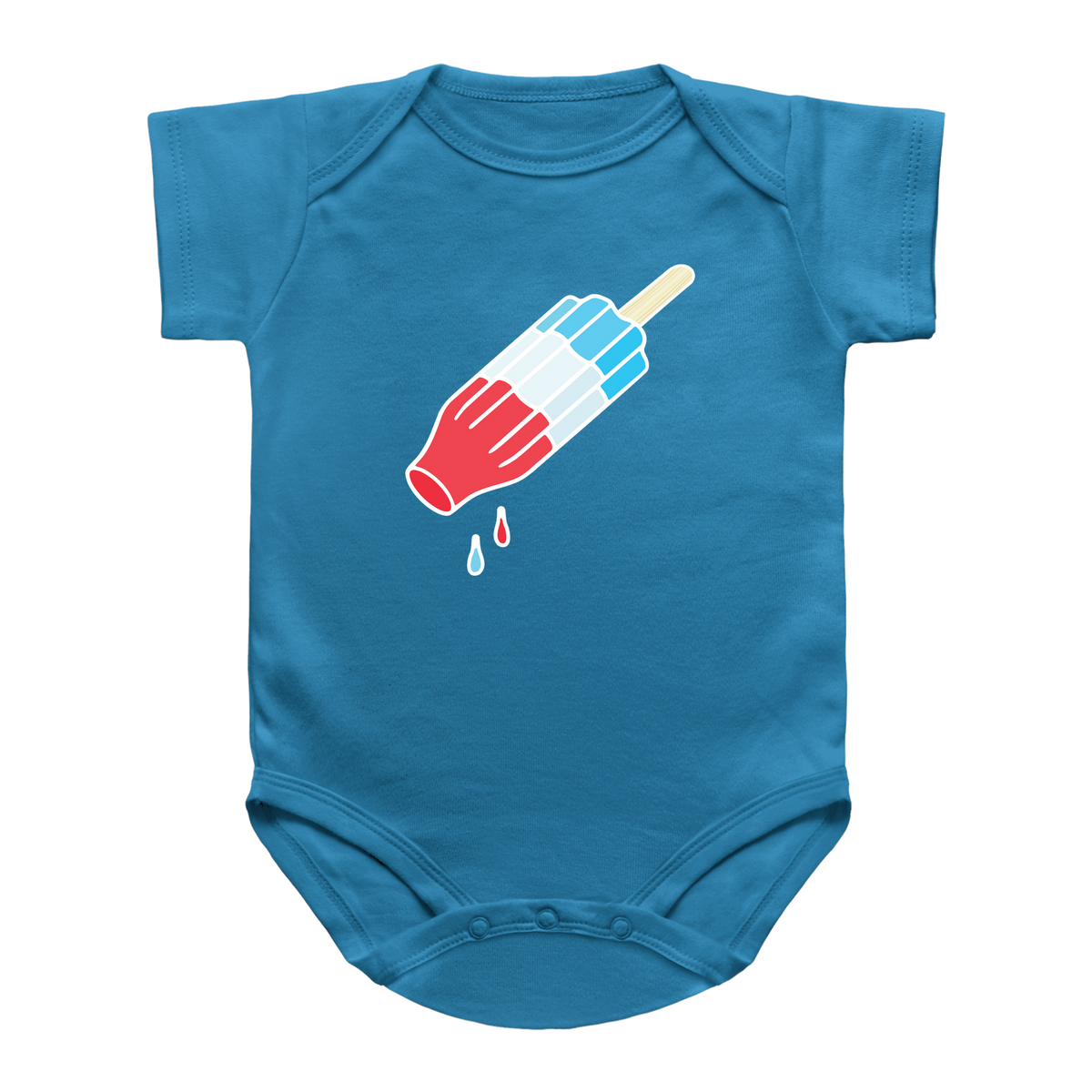 A turquoise short-sleeve infant bodysuit featuring a graphic of a rocket pop with red, white, and blue stripes. Meant for the 4th of July summer.