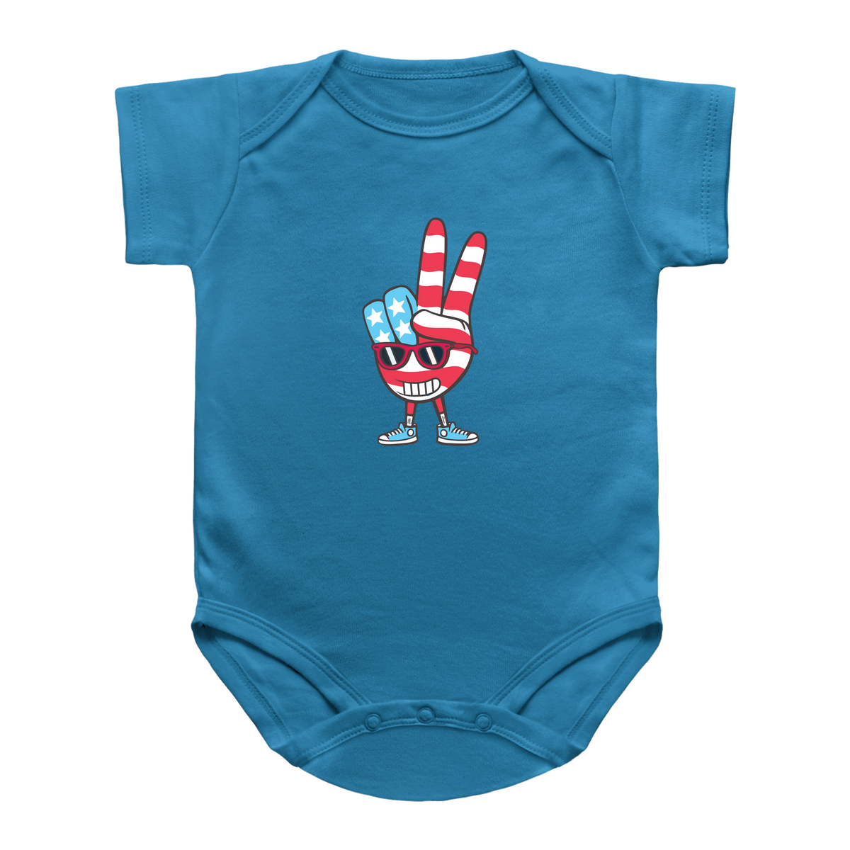 A turquoise short-sleeve 4th of July infant onesie featuring a cartoon graphic of a hand making a peace sign with red and white stripes and blue accents, set against a plain white background.