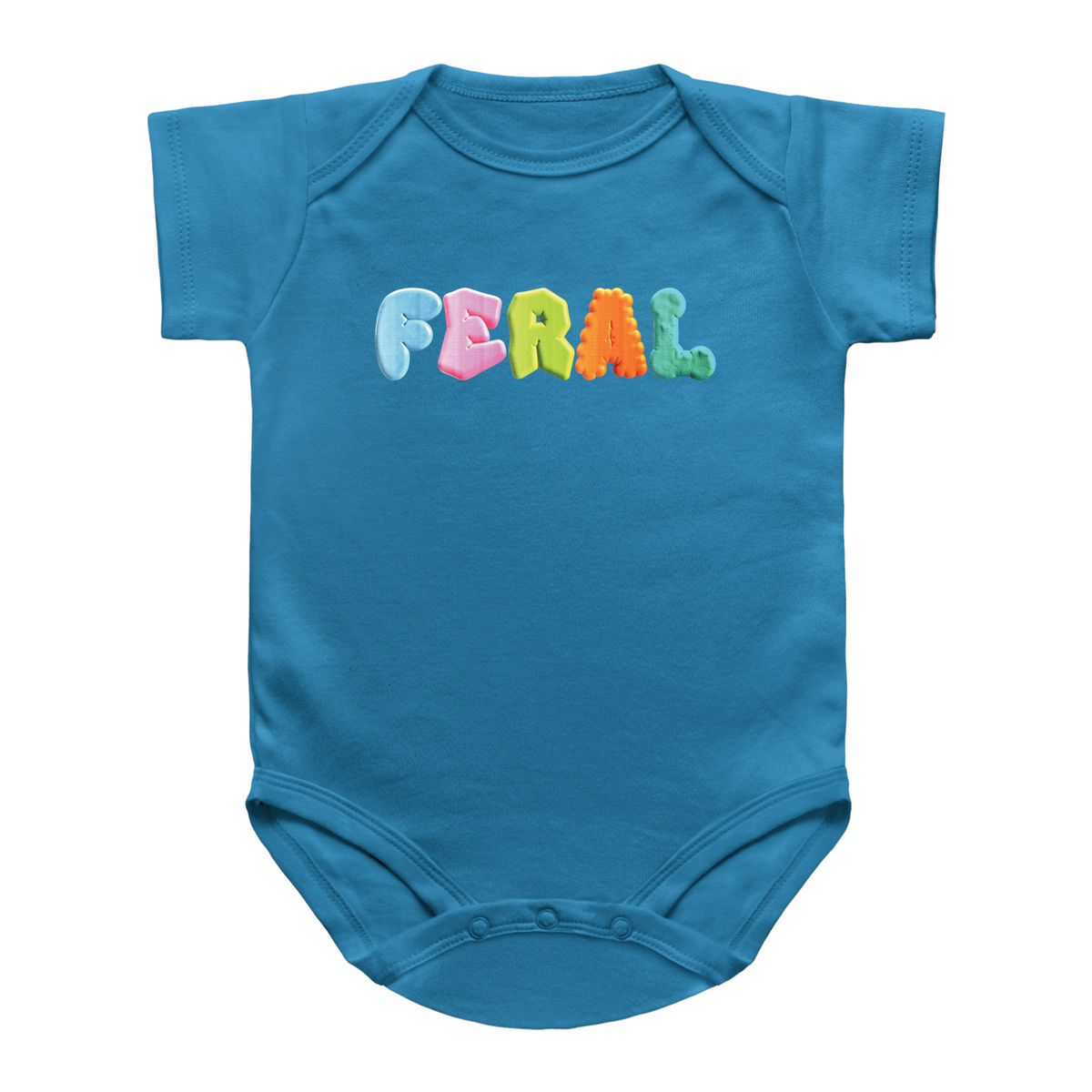 A blue short-sleeve infant onesie featuring the word &
