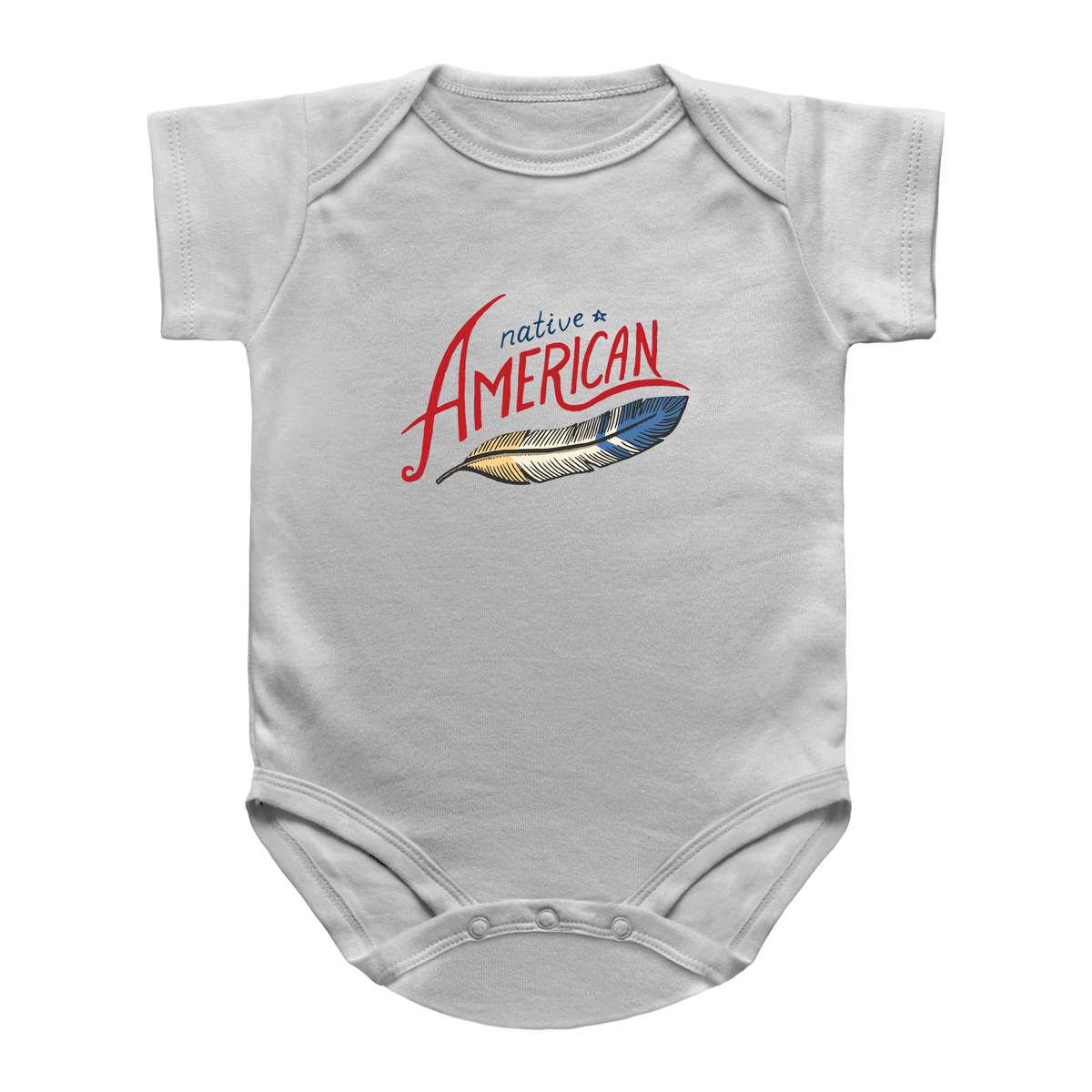 A white infant onesie featuring a feather graphic with the text &