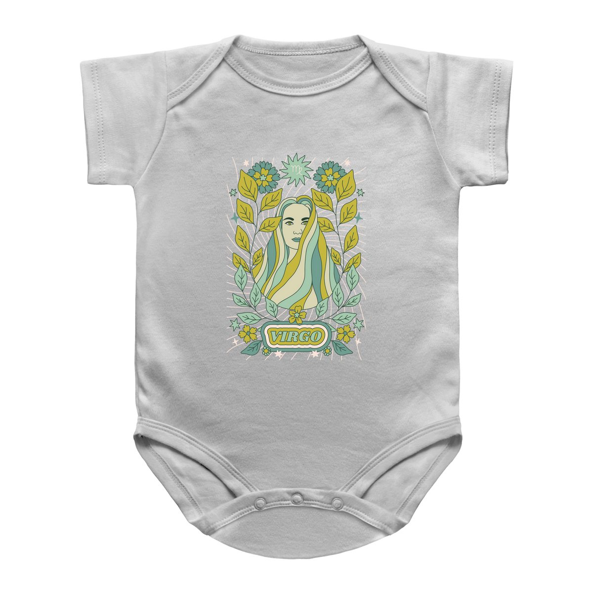 A white baby bodysuit featuring a colorful graphic print of a Virgo-themed card illustration with the word &