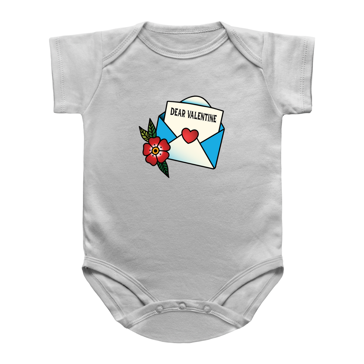 A white short-sleeve baby bodysuit featuring a graphic print of a red flower, a blue envelope, and a white card that reads &