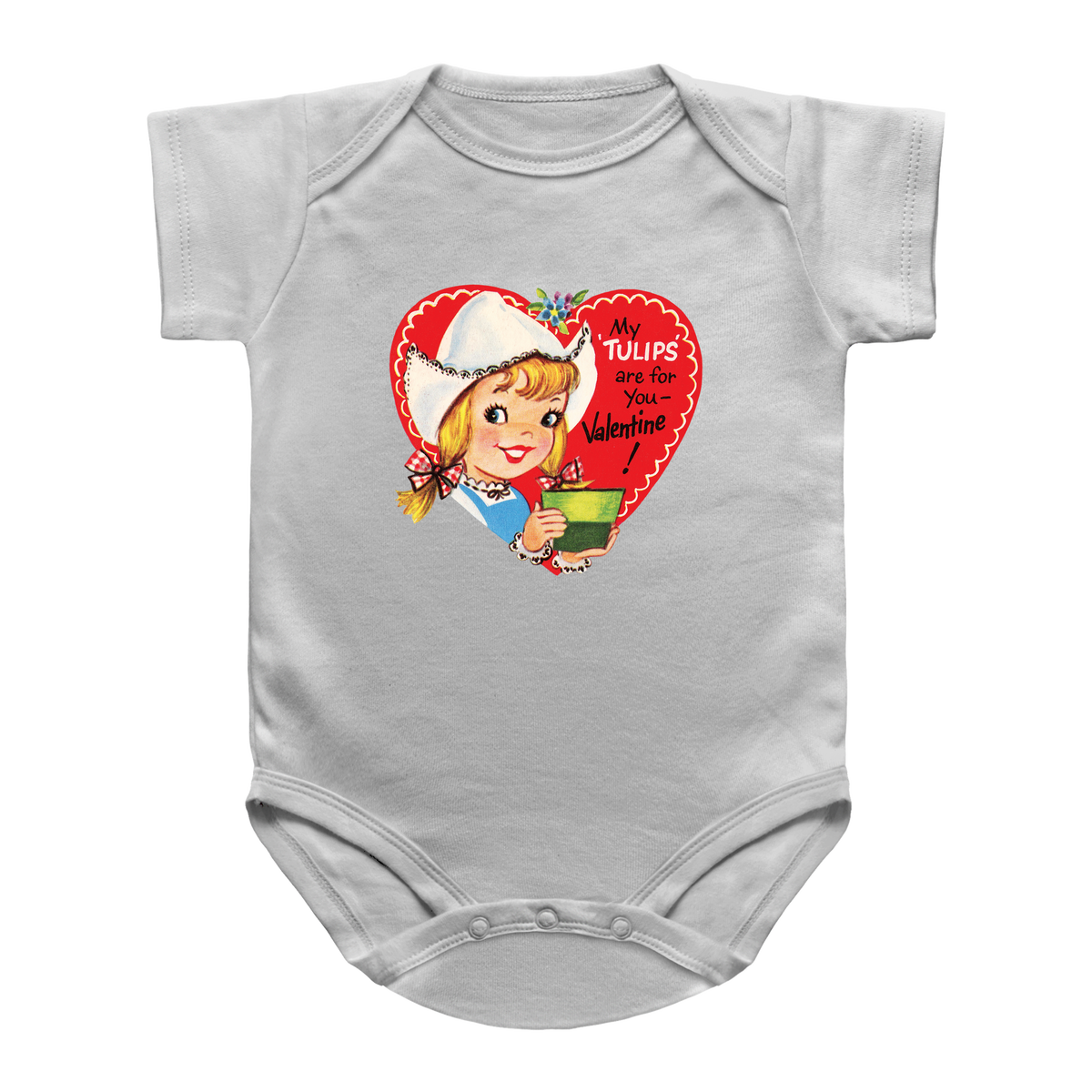 A white baby onesie featuring a vintage-style Valentine&
