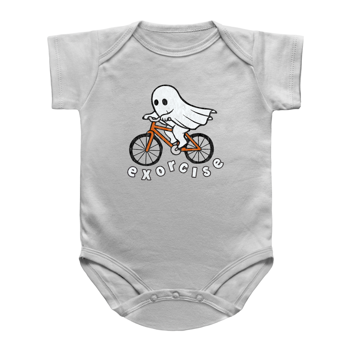 A white baby bodysuit featuring a Halloween graphic of a white ghost riding an orange bicycle, with the word &