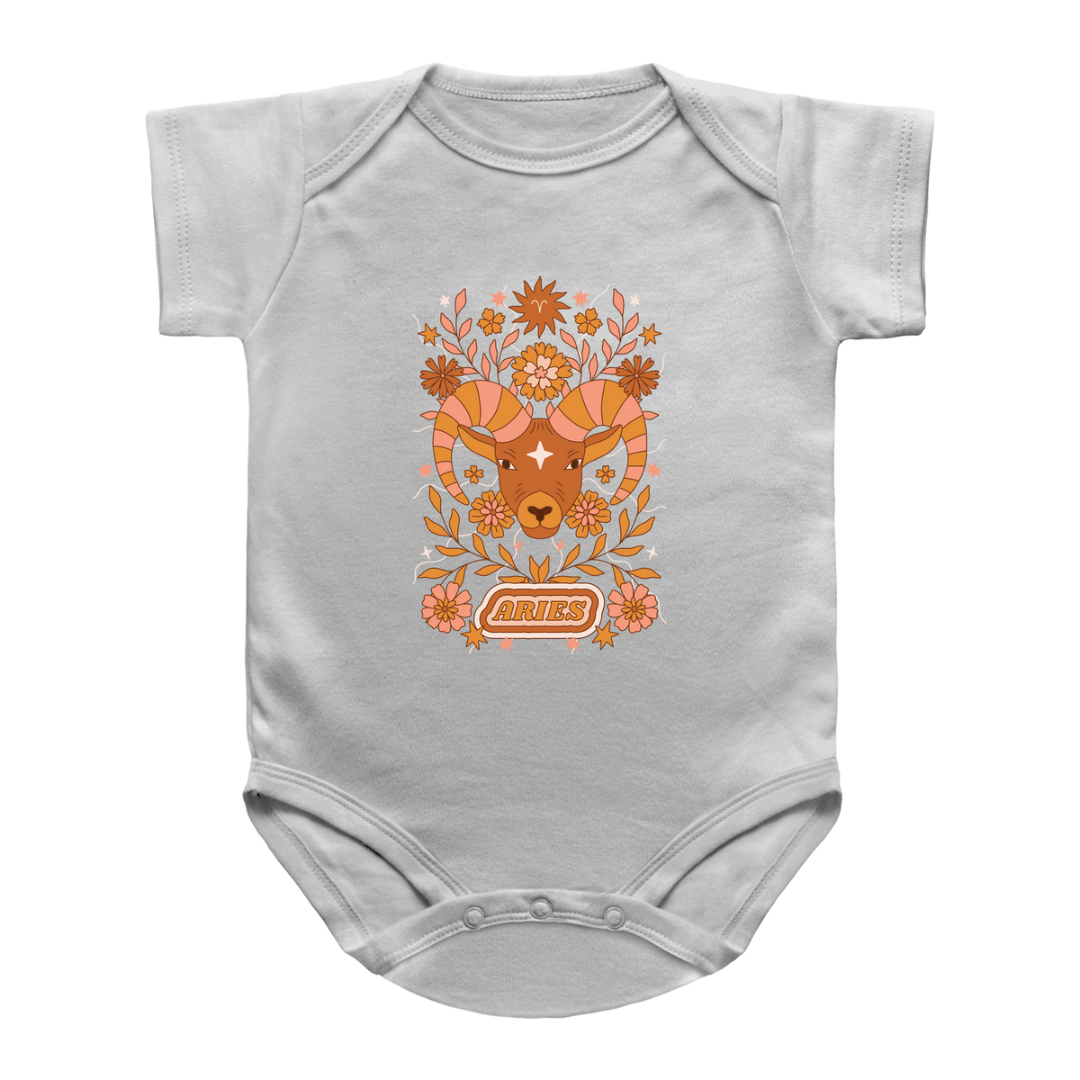 A white baby infant bodysuit featuring a retro-style orange and brown ram graphic with floral elements and the word Aries on the front.