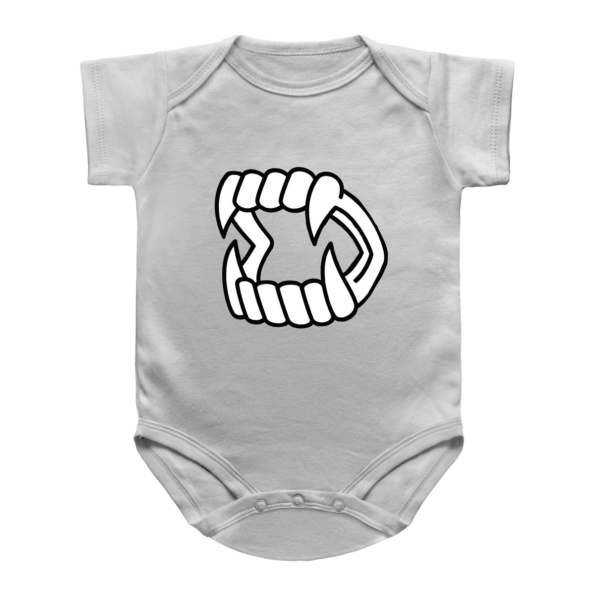 A white short-sleeve infant onesie featuring a white Halloween vampire fang kid toy printed on the chest.