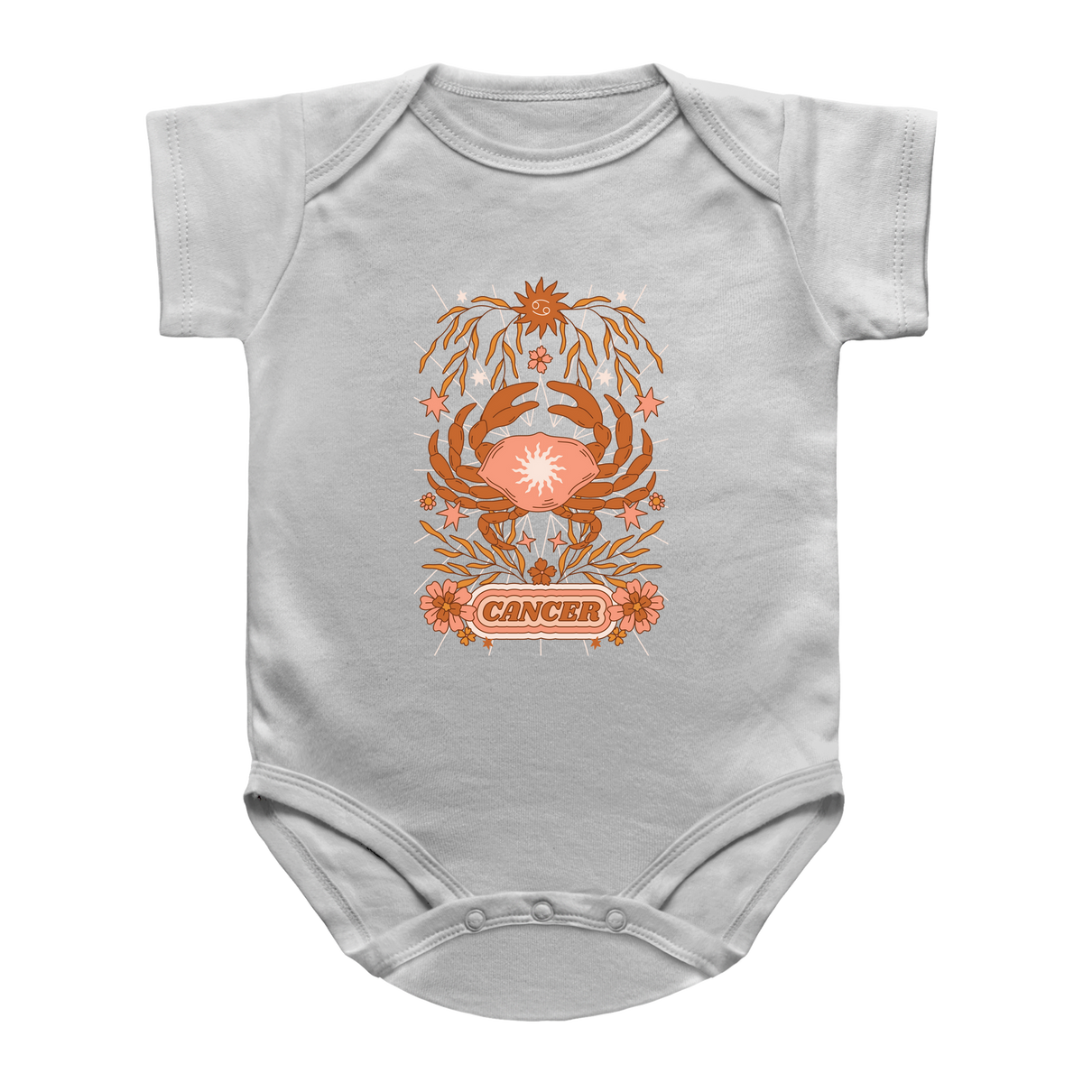 A white short-sleeve infant baby bodysuit featuring a retro-style Cancer zodiac graphic on the chest, displayed against a solid white background.