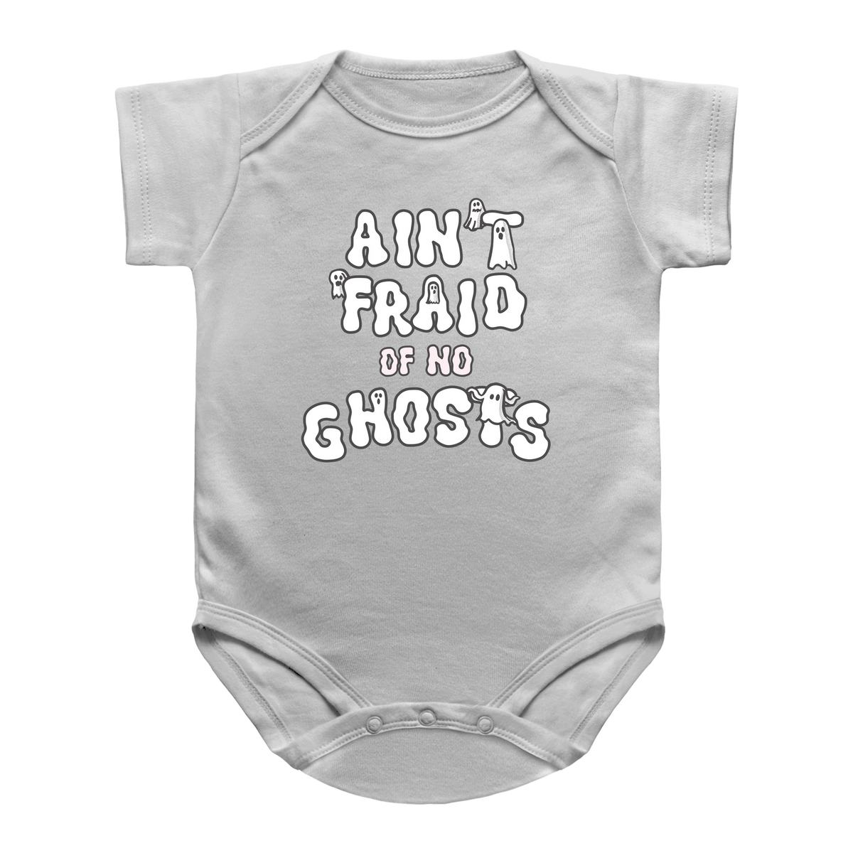 A Halloween white baby onesie with a text that reads &