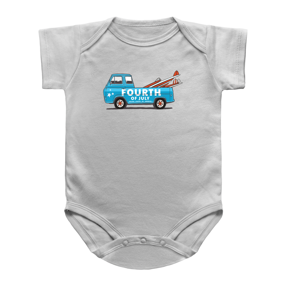 A white short-sleeve infant bodysuit featuring a graphic of a blue surf truck carrying red and white surfboards with the text &