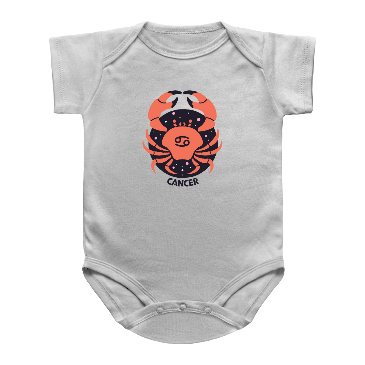 A white infant bodysuit featuring a graphic of a Cancer zodiac sign in orange and black, with the word &