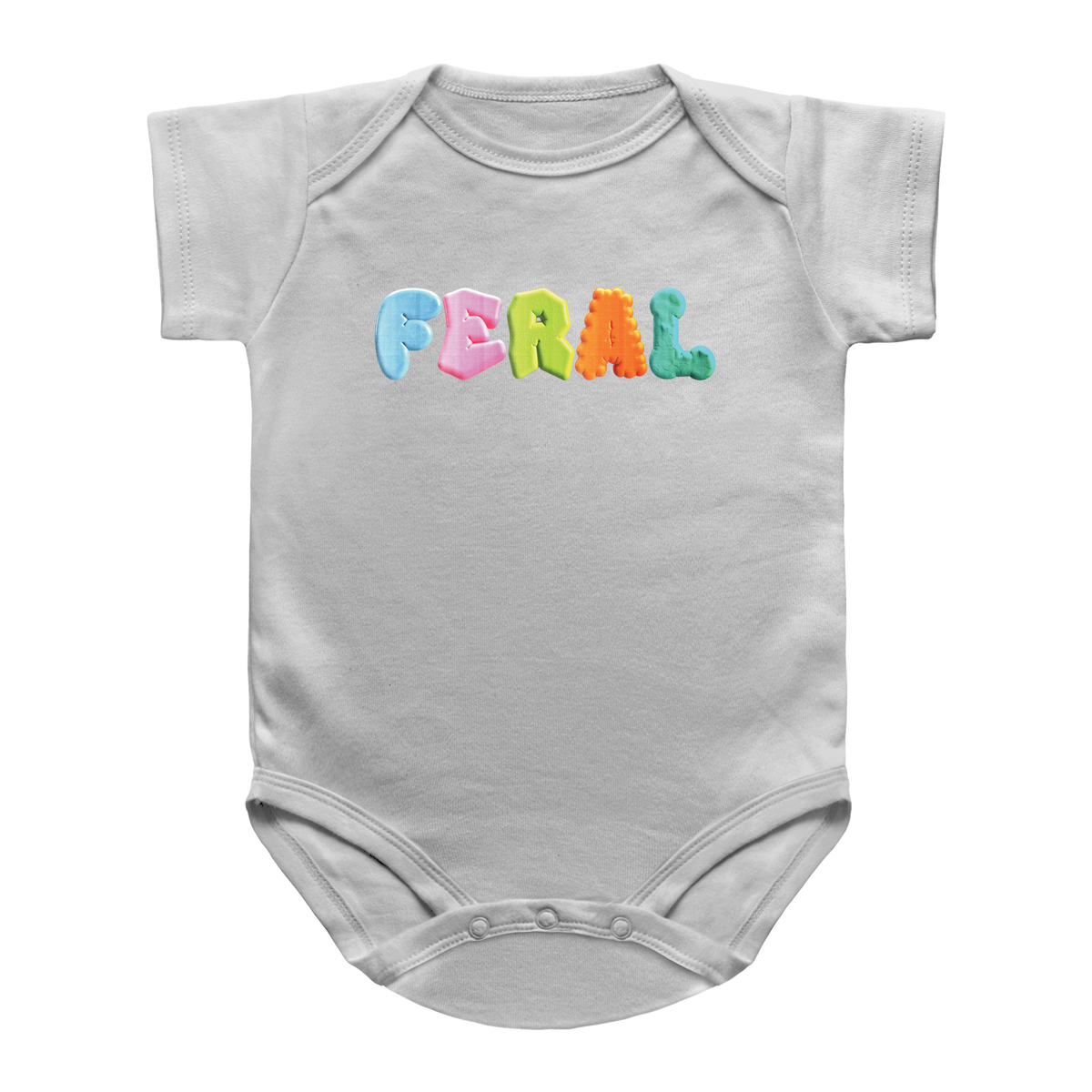 A white infant bodysuit featuring the word &