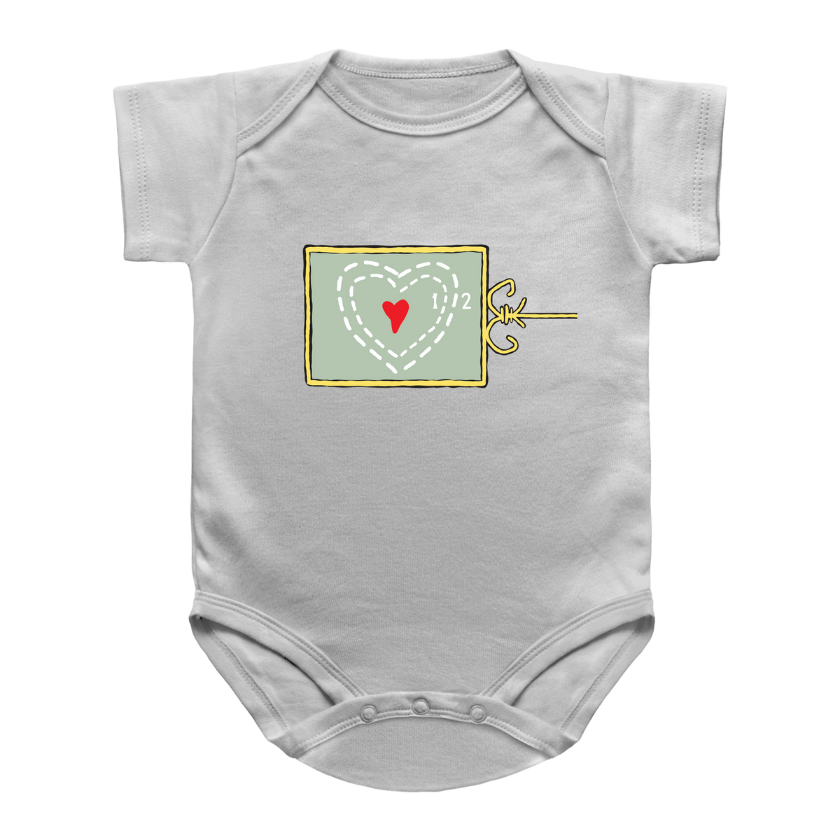 A Christmas white short-sleeve infant onesie featuring a graphic of the Grinch heart growing.