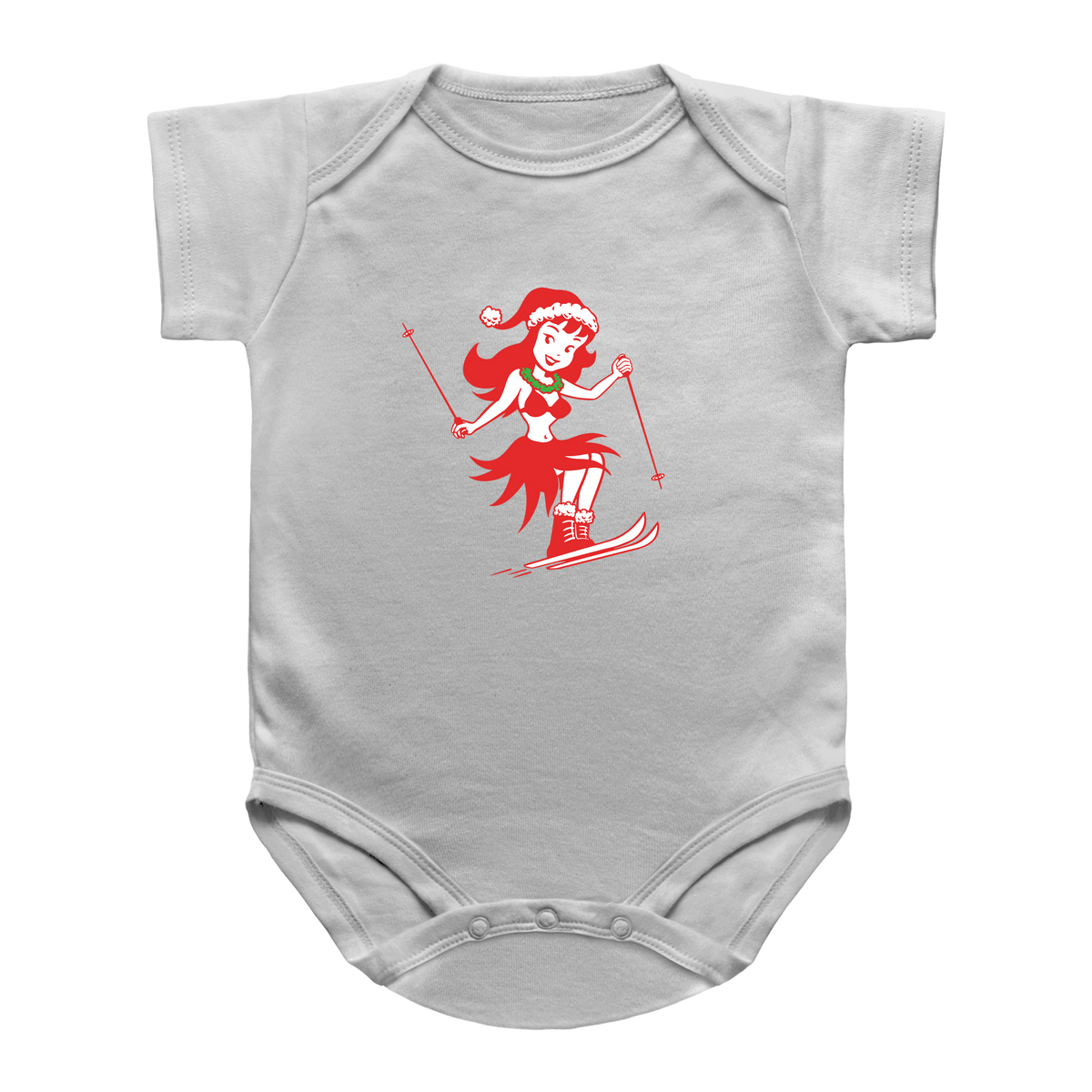 A white short-sleeve baby bodysuit featuring a red and white graphic of a woman skiing in a Santa hat, for Christmas.