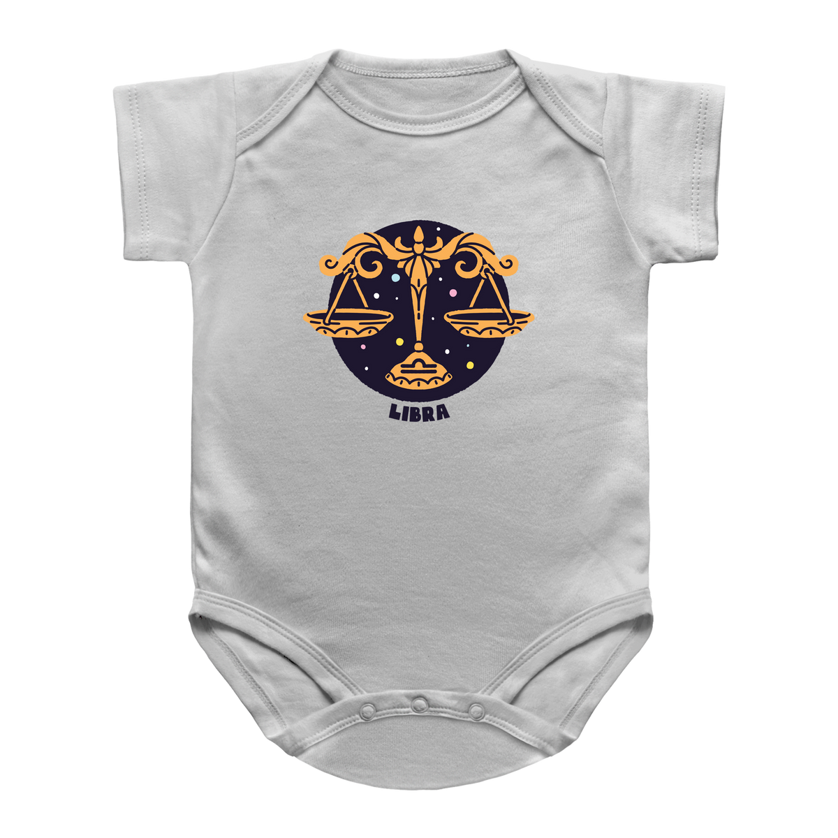 A light gray infant onesie featuring a Libra zodiac sign graphic on the chest. The graphic depicts a gold Libra scale of justice set against a dark navy blue circular background with stars, and the word &