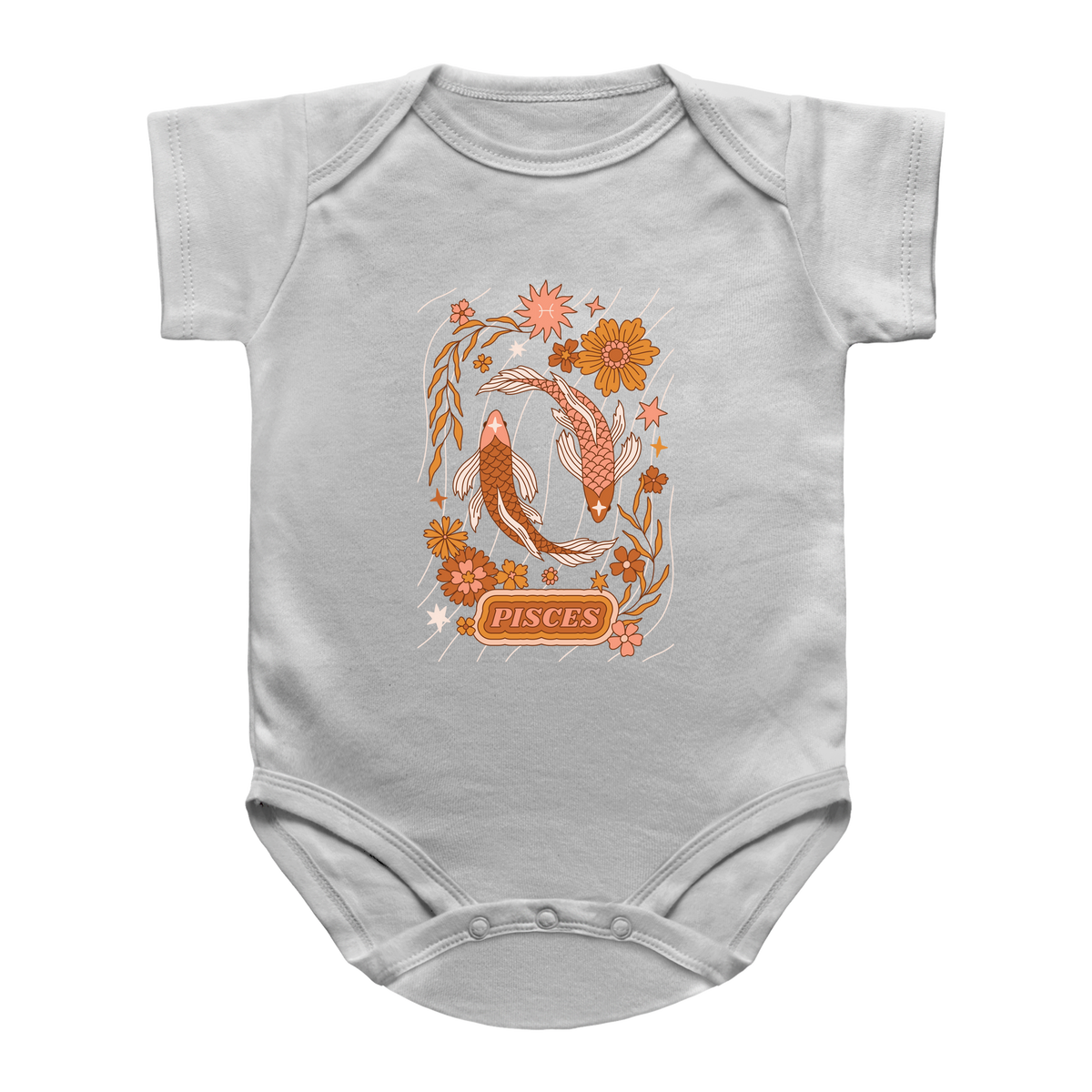 A white baby bodysuit featuring a retro-style infant Pisces zodiac graphic with two koi fish, orange flowers, and the word &